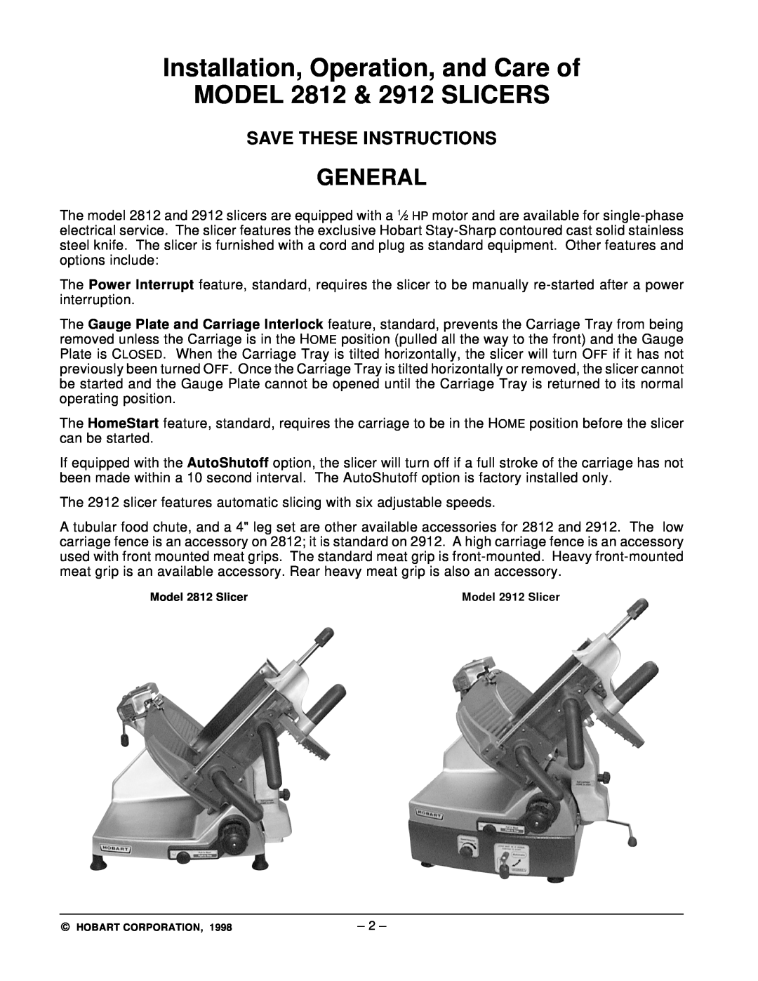 Hobart manual General, Installation, Operation, and Care of MODEL 2812 & 2912 SLICERS, Save These Instructions 