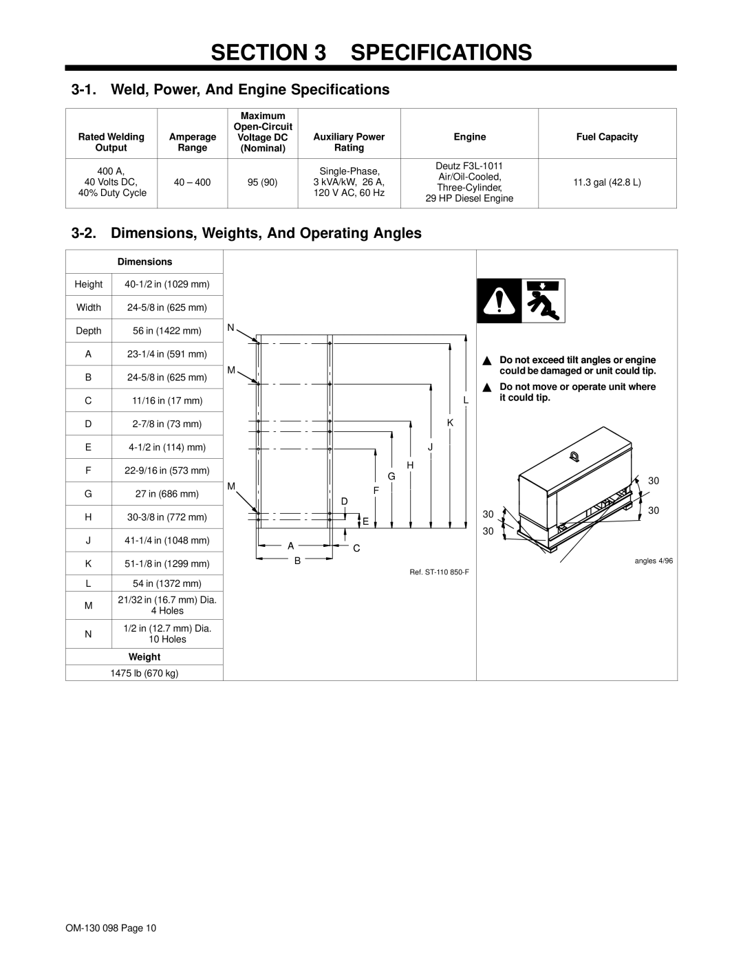 Hobart 3225DX manual Weld, Power, And Engine Specifications, Dimensions, Weights, And Operating Angles 