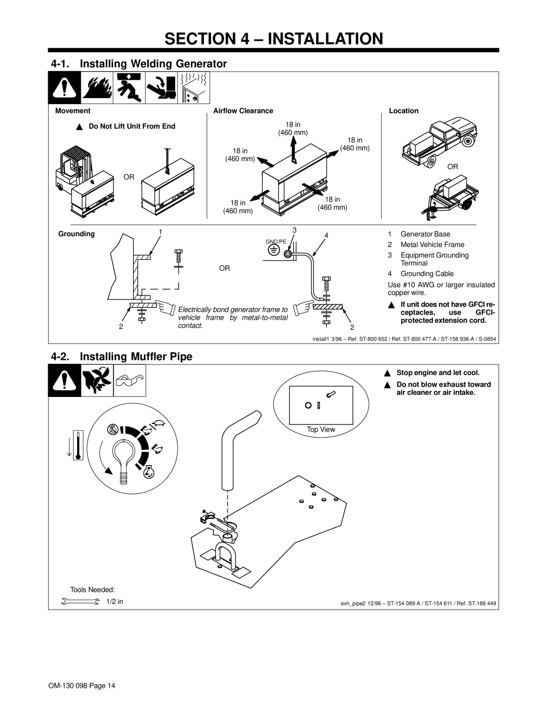 Hobart 3225DX manual Installation, Installing Welding Generator, Installing Muffler Pipe 