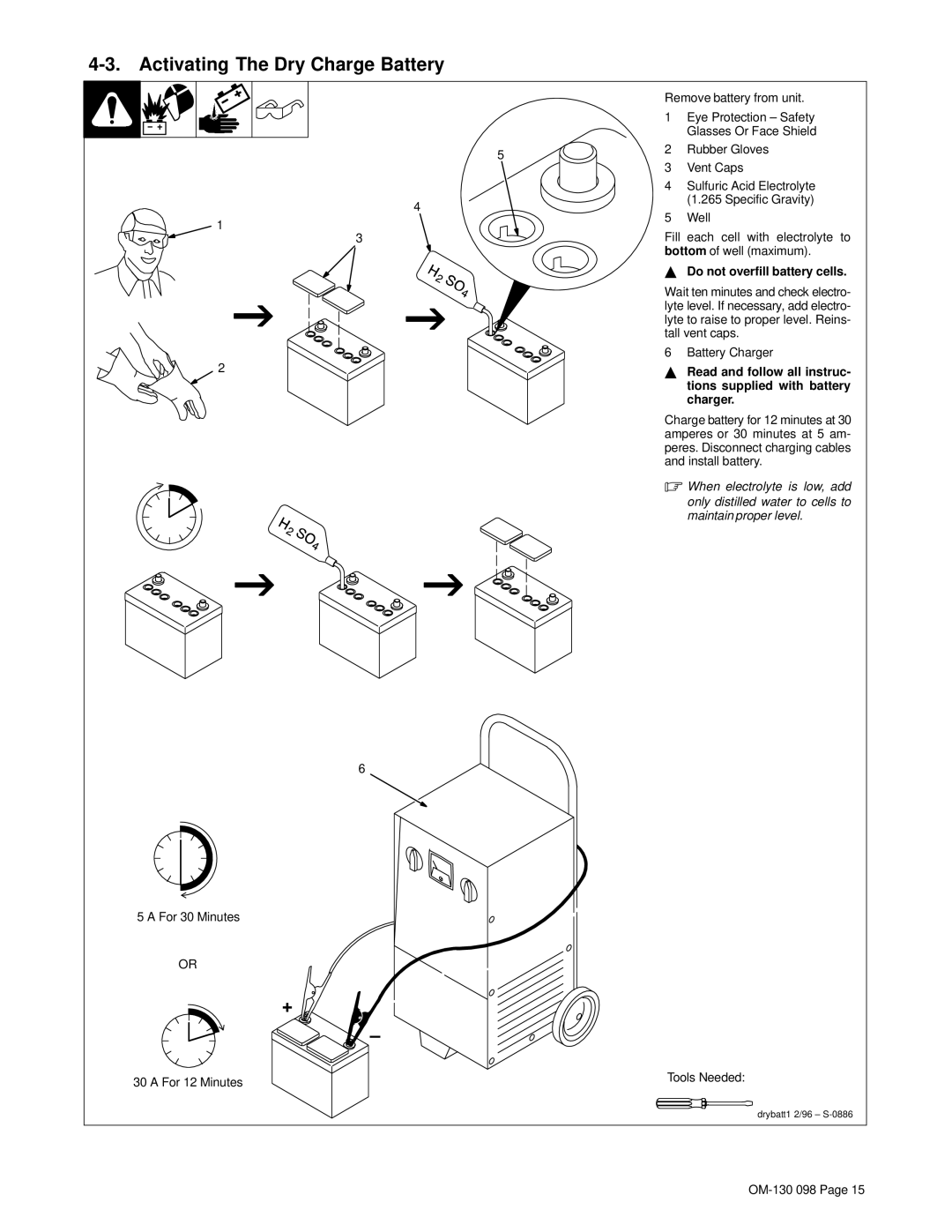 Hobart 3225DX manual Activating The Dry Charge Battery, Vent Caps, Do not overfill battery cells, For 12 Minutes 