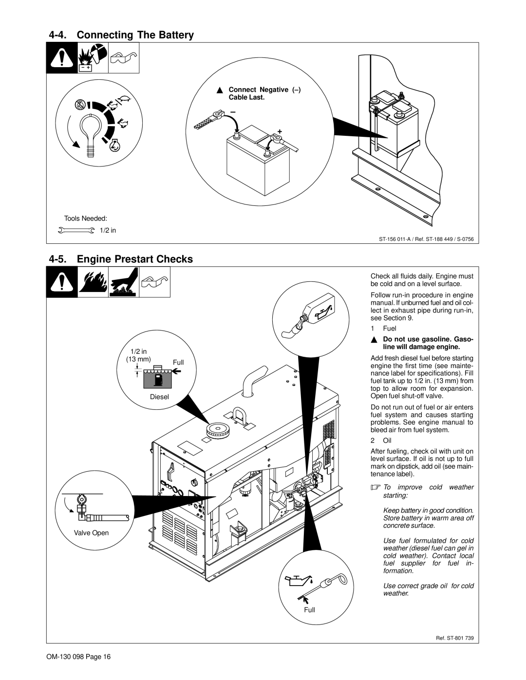 Hobart 3225DX manual Connecting The Battery, Engine Prestart Checks, Connect Negative Cable Last, Full 