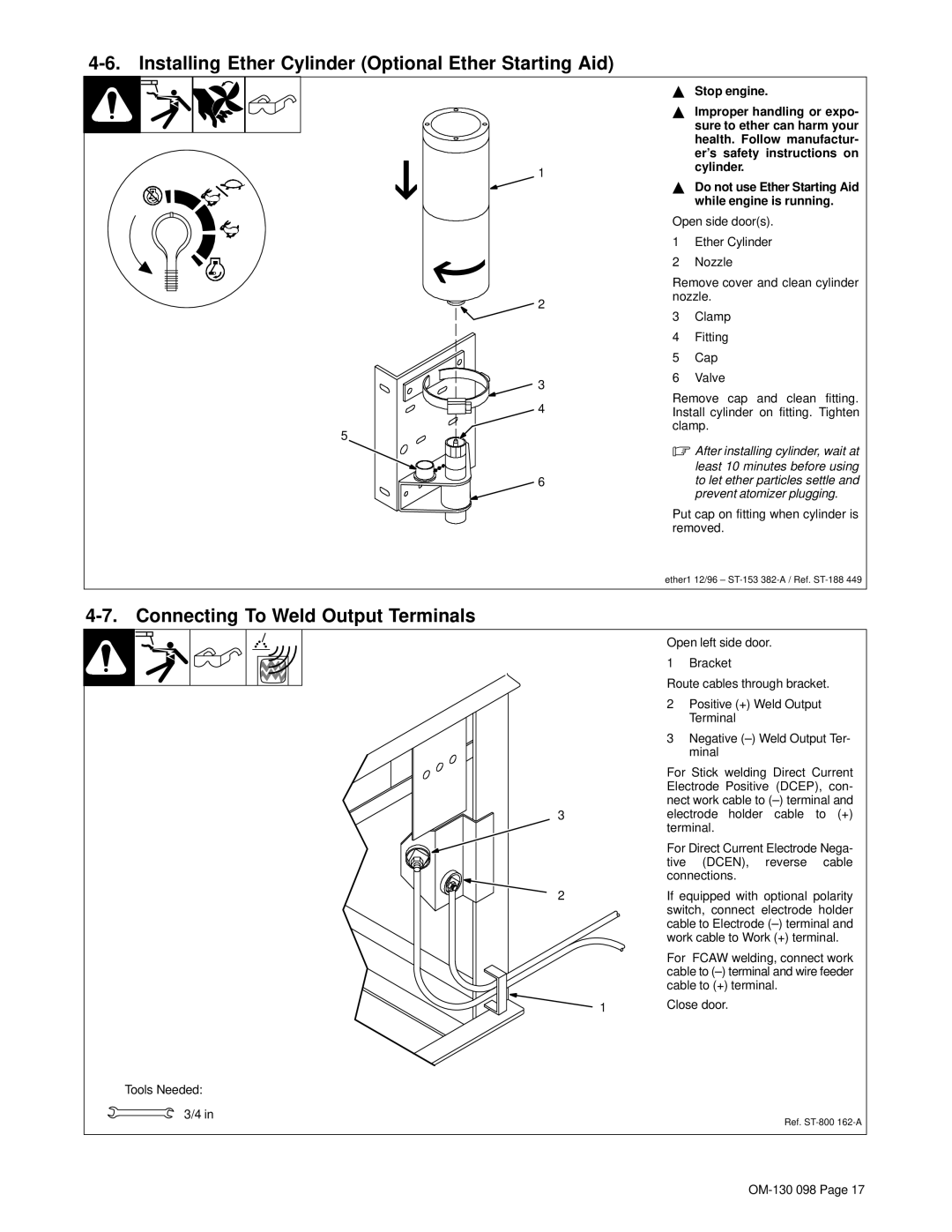 Hobart 3225DX manual Installing Ether Cylinder Optional Ether Starting Aid, Connecting To Weld Output Terminals 