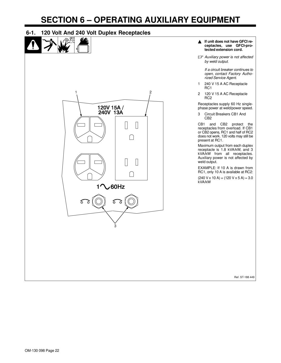 Hobart 3225DX manual Operating Auxiliary Equipment, Volt And 240 Volt Duplex Receptacles 