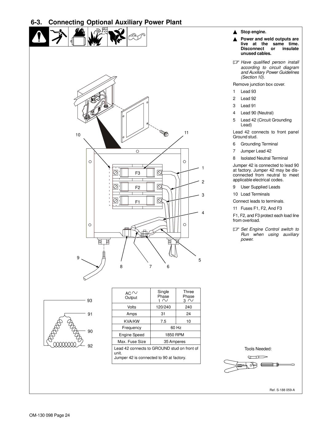 Hobart 3225DX manual Connecting Optional Auxiliary Power Plant, Tools Needed 