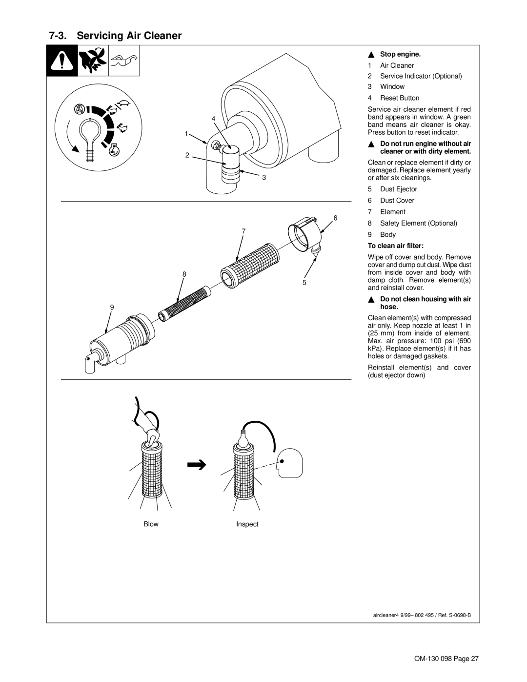 Hobart 3225DX manual Servicing Air Cleaner, Stop engine, To clean air filter, Hose 