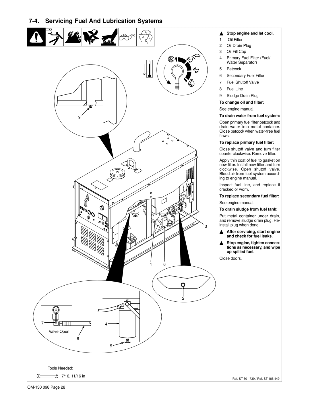 Hobart 3225DX manual Servicing Fuel And Lubrication Systems, To change oil and filter, To replace primary fuel filter 