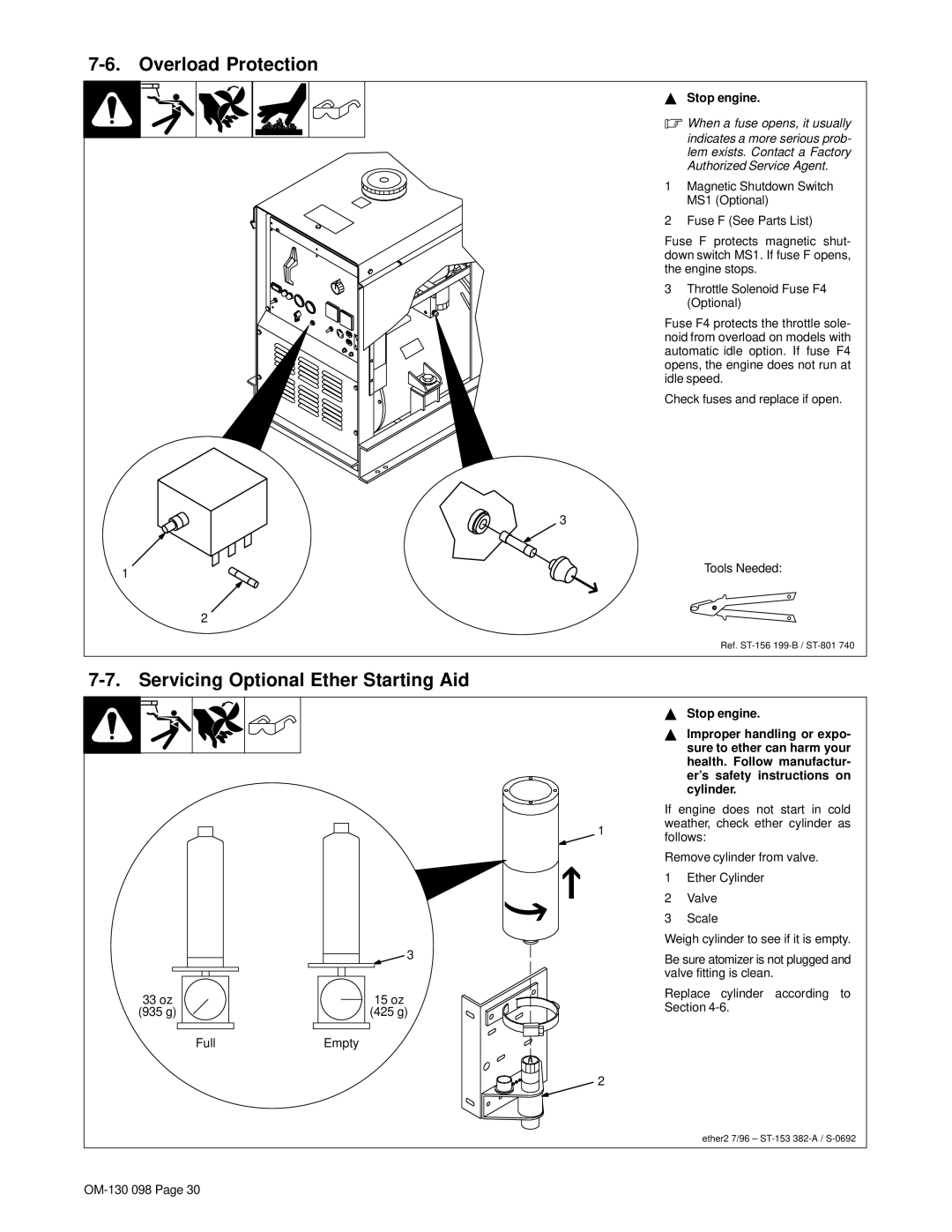 Hobart 3225DX manual Overload Protection Servicing Optional Ether Starting Aid, Full Empty 