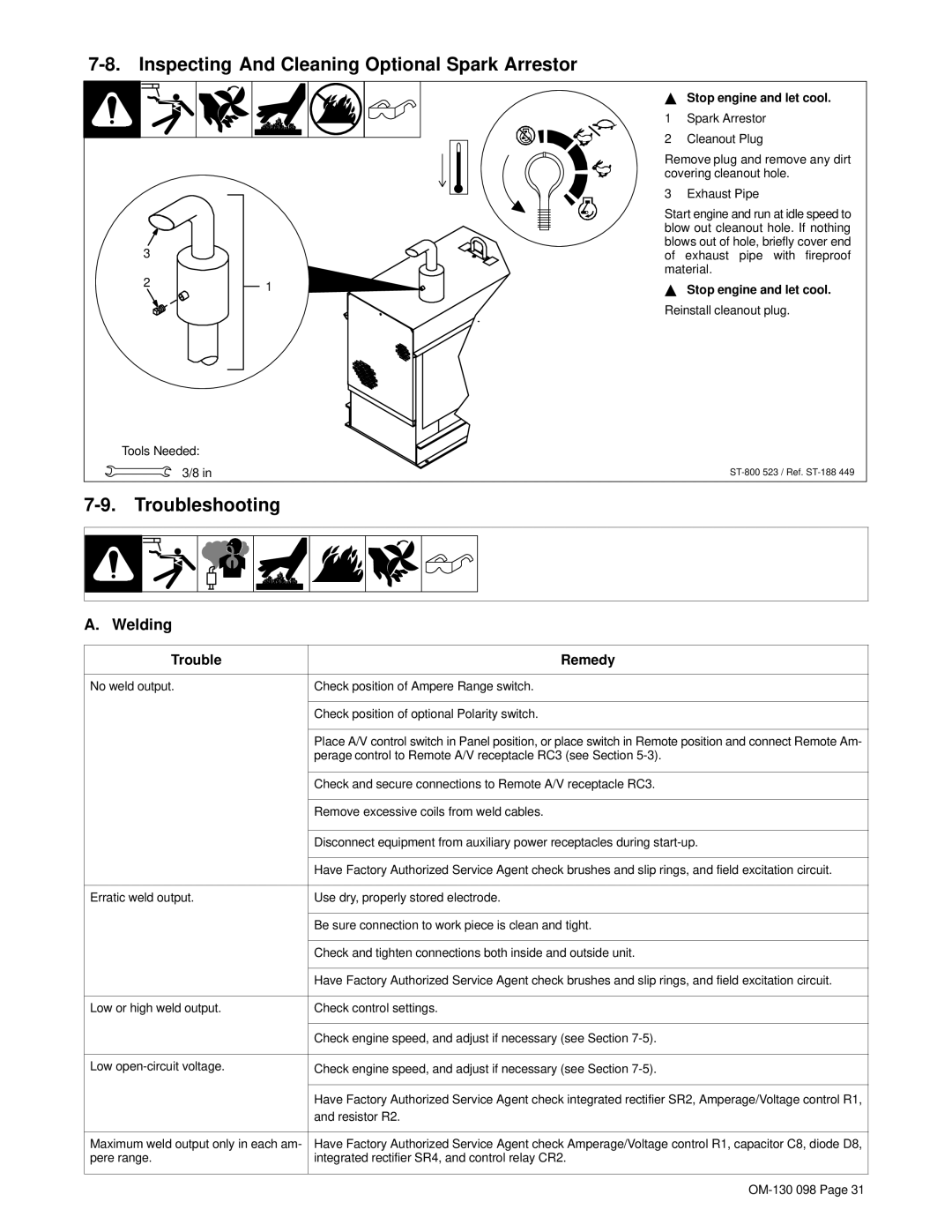 Hobart 3225DX manual Inspecting And Cleaning Optional Spark Arrestor, Troubleshooting, Welding 