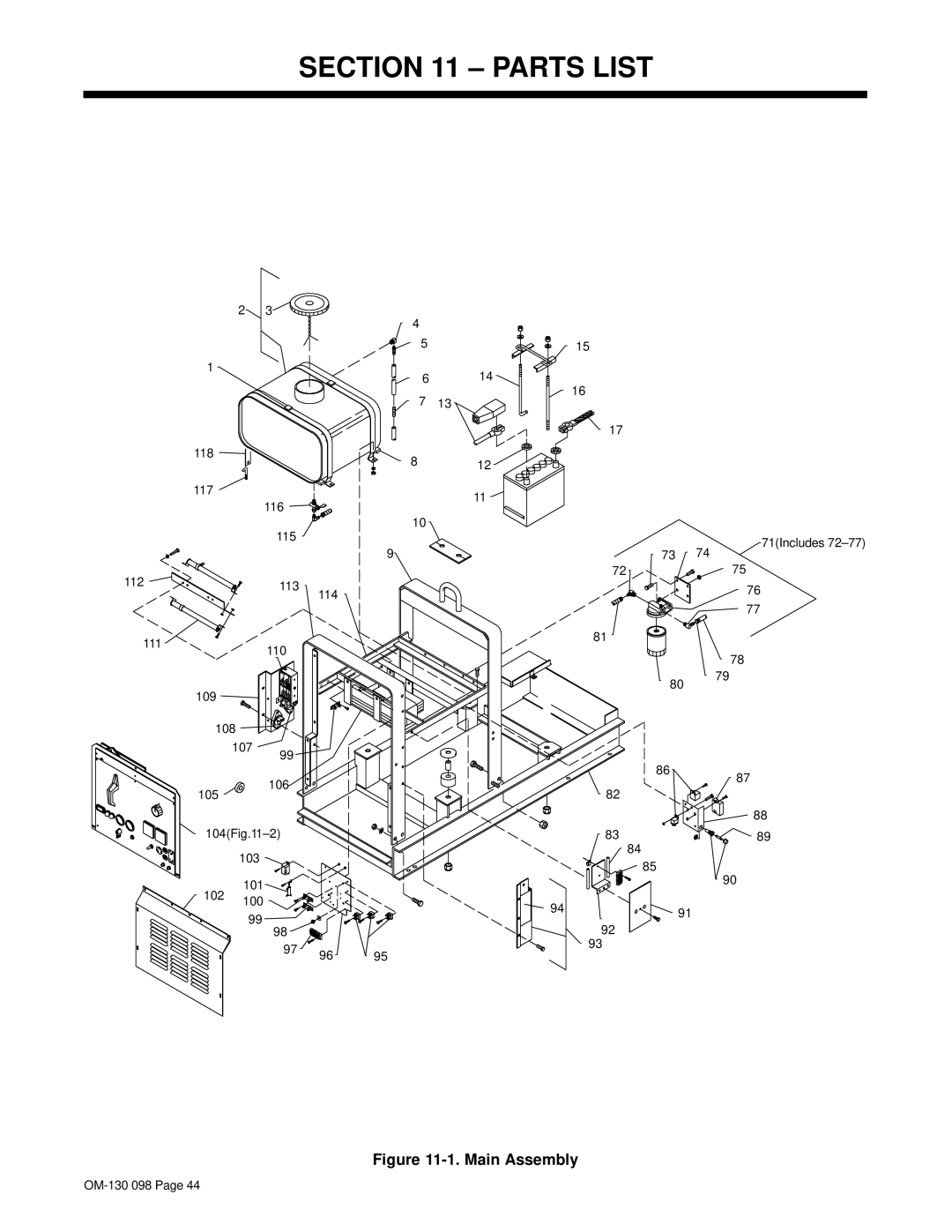 Hobart 3225DX manual Parts List, 118 117 116 115, 71Includes 113 114, 110, 109 108 107 106 105 104Fig.11-2 103 102 101 100 