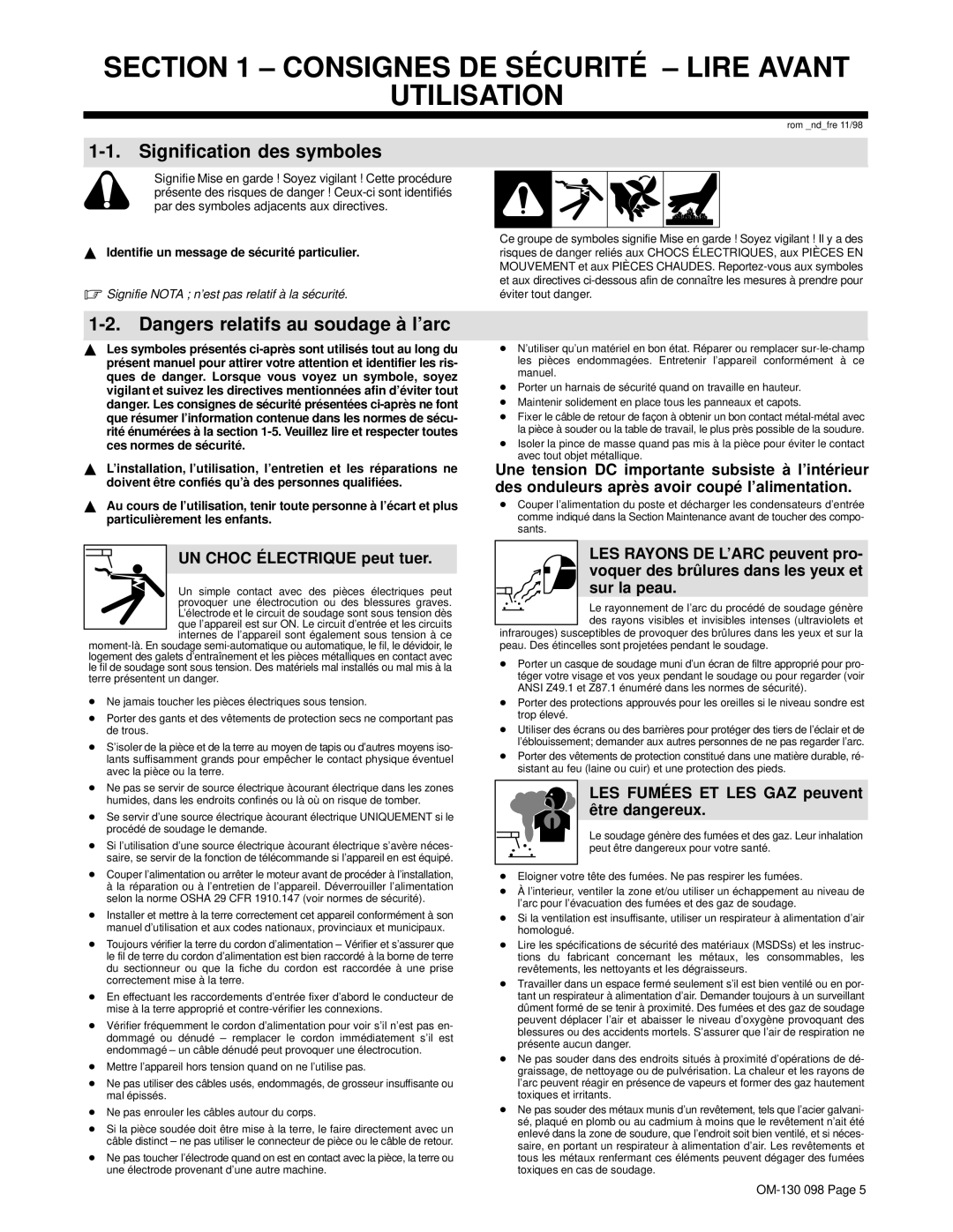 Hobart 3225DX Consignes DE SÉ Curité Lire Avant Utilisation, Signification des symboles, UN Choc É Lectrique peut tuer 