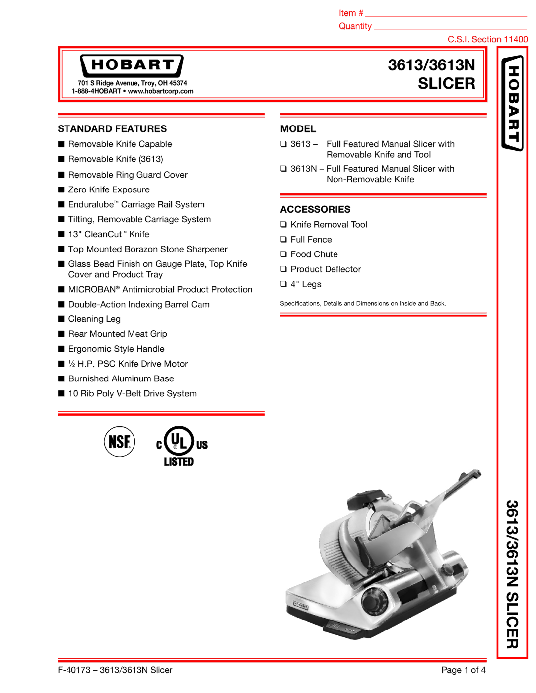 Hobart 3613N dimensions Standard Features, Model, Accessories 