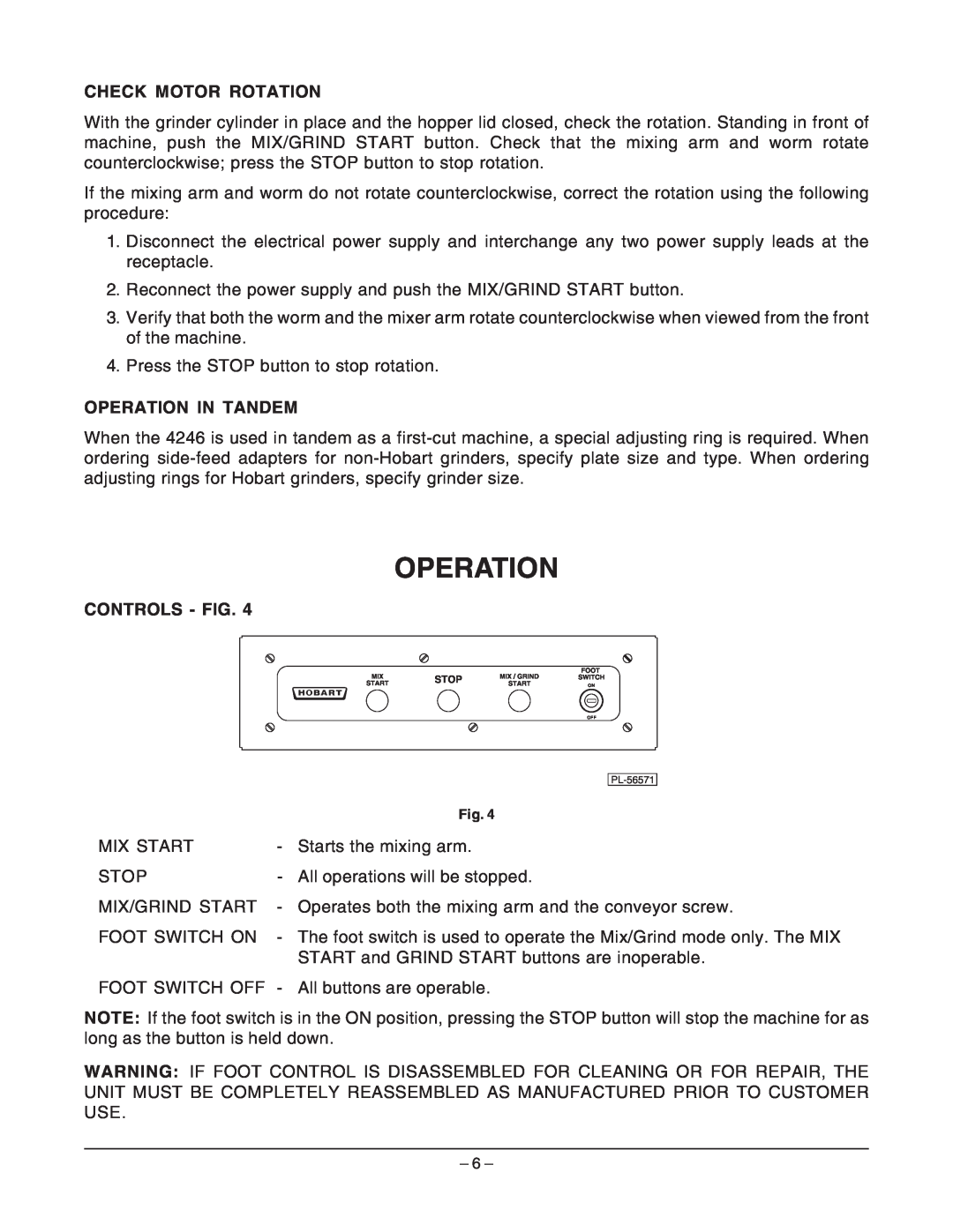 Hobart 4246 manual Check Motor Rotation, Operation In Tandem, Controls - Fig 