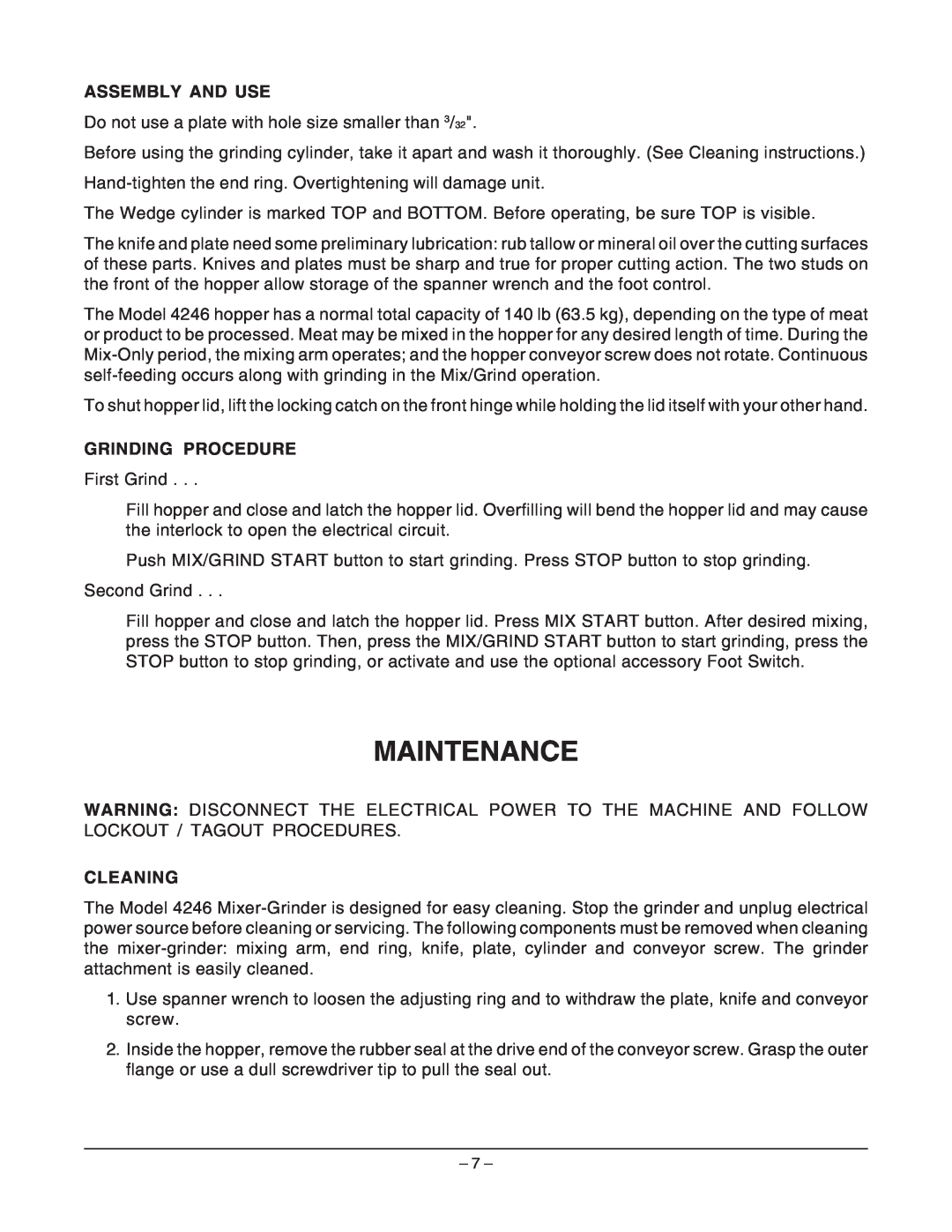 Hobart 4246 manual Maintenance, Assembly And Use, Grinding Procedure, Cleaning 