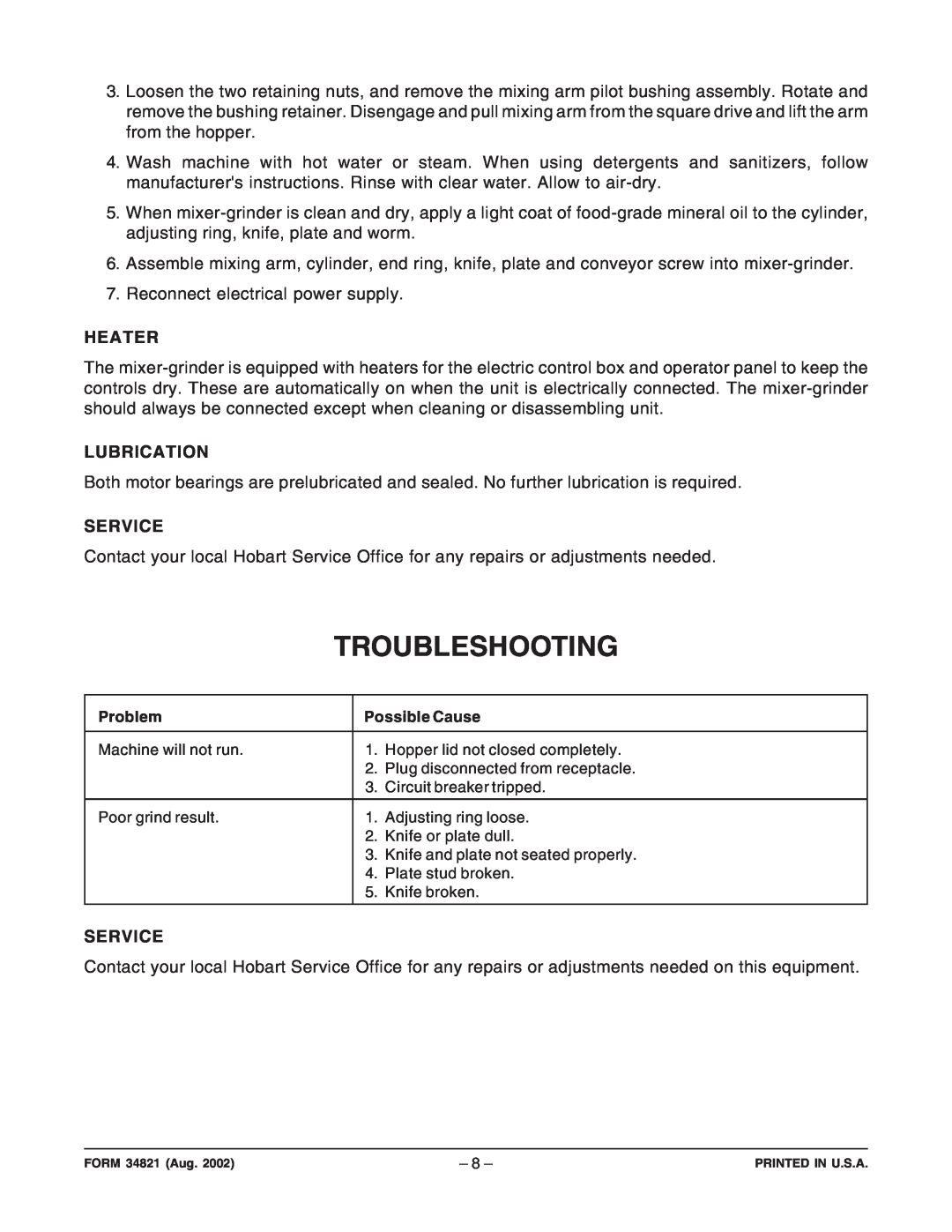 Hobart 4246 manual Troubleshooting, Heater, Service, Lubrication 