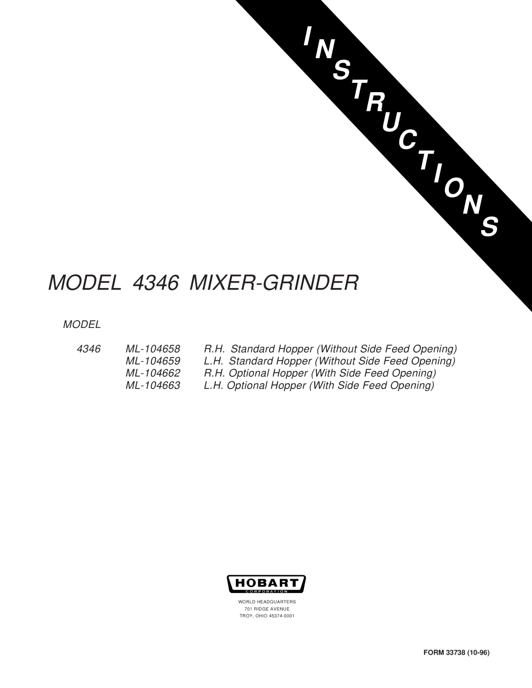 Hobart manual Model 4346 MIXER-GRINDER 