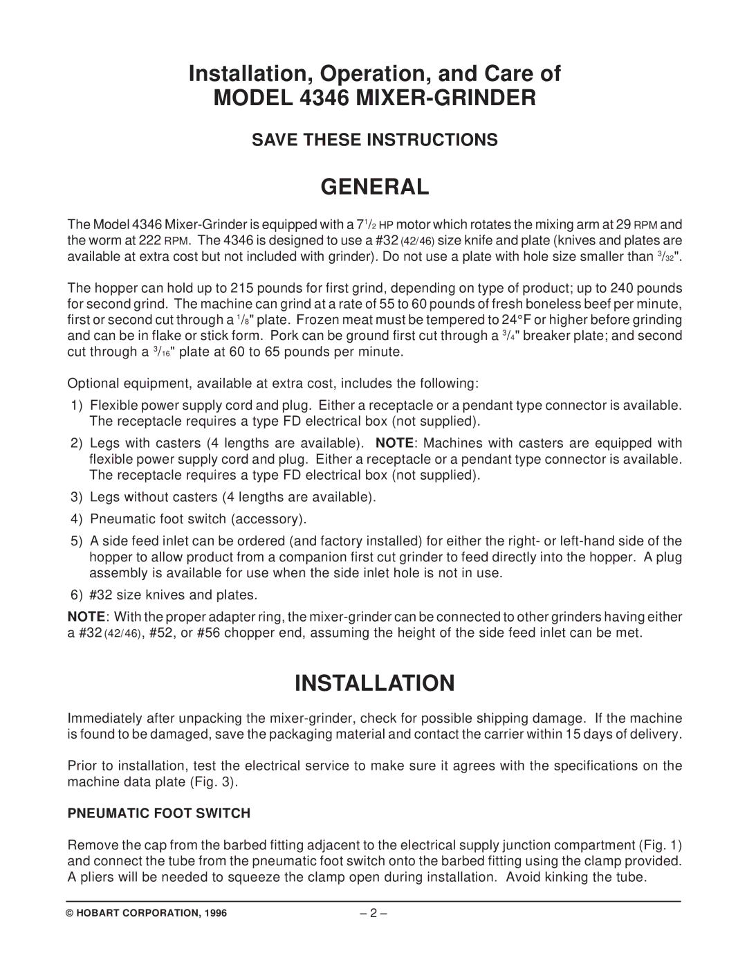 Hobart manual Model 4346 MIXER-GRINDER General, Installation, Pneumatic Foot Switch 