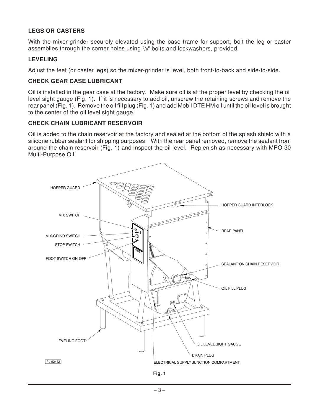 Hobart 4346 manual Legs or Casters, Leveling, Check Gear Case Lubricant, Check Chain Lubricant Reservoir 