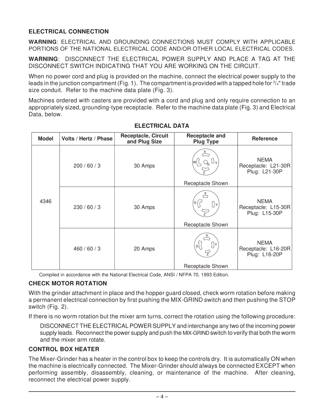 Hobart 4346 manual Electrical Connection, Electrical Data, Check Motor Rotation, Control BOX Heater 