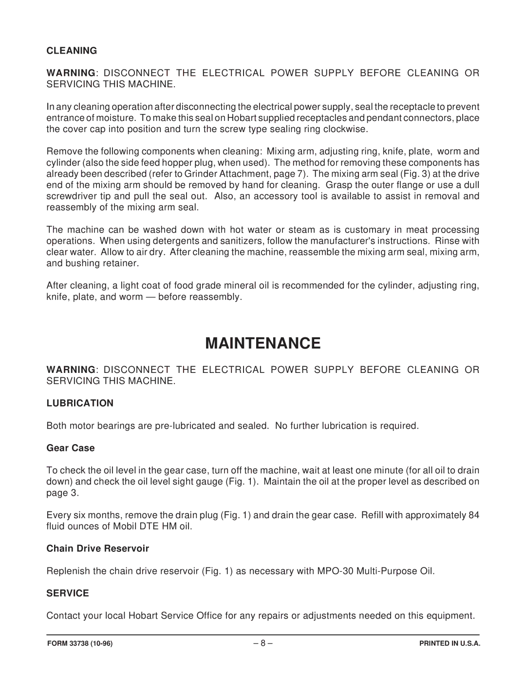 Hobart 4346 manual Maintenance, Cleaning, Lubrication, Service 