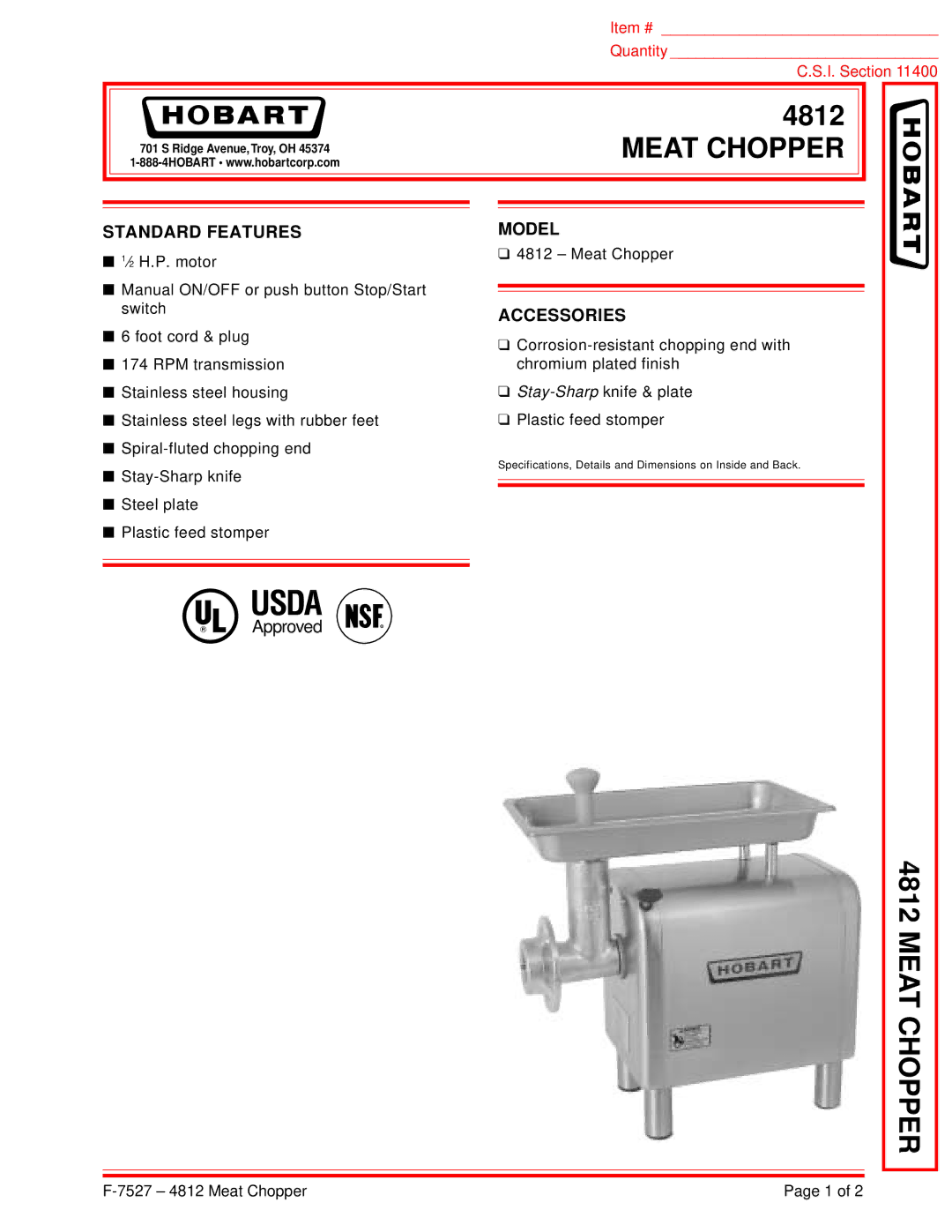 Hobart 4812 specifications Usda, Meat Chopper, Standard Features, Model, Accessories 