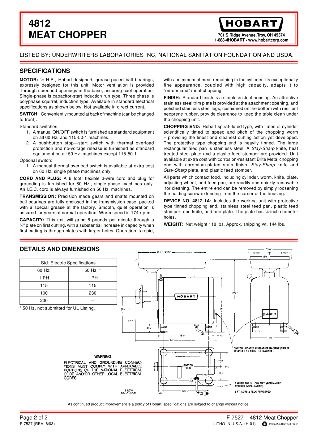 Hobart 4812 specifications Specifications, Details and Dimensions 