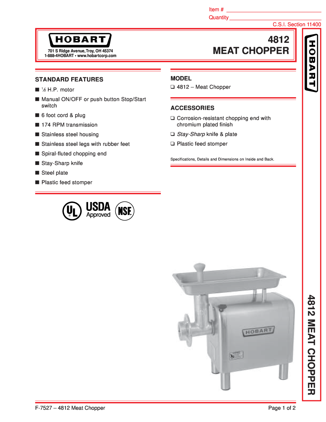 Hobart 4812 specifications Meat Chopper, Standard Features, Model, Accessories, Usda, RApproved, Item #, Quantity 