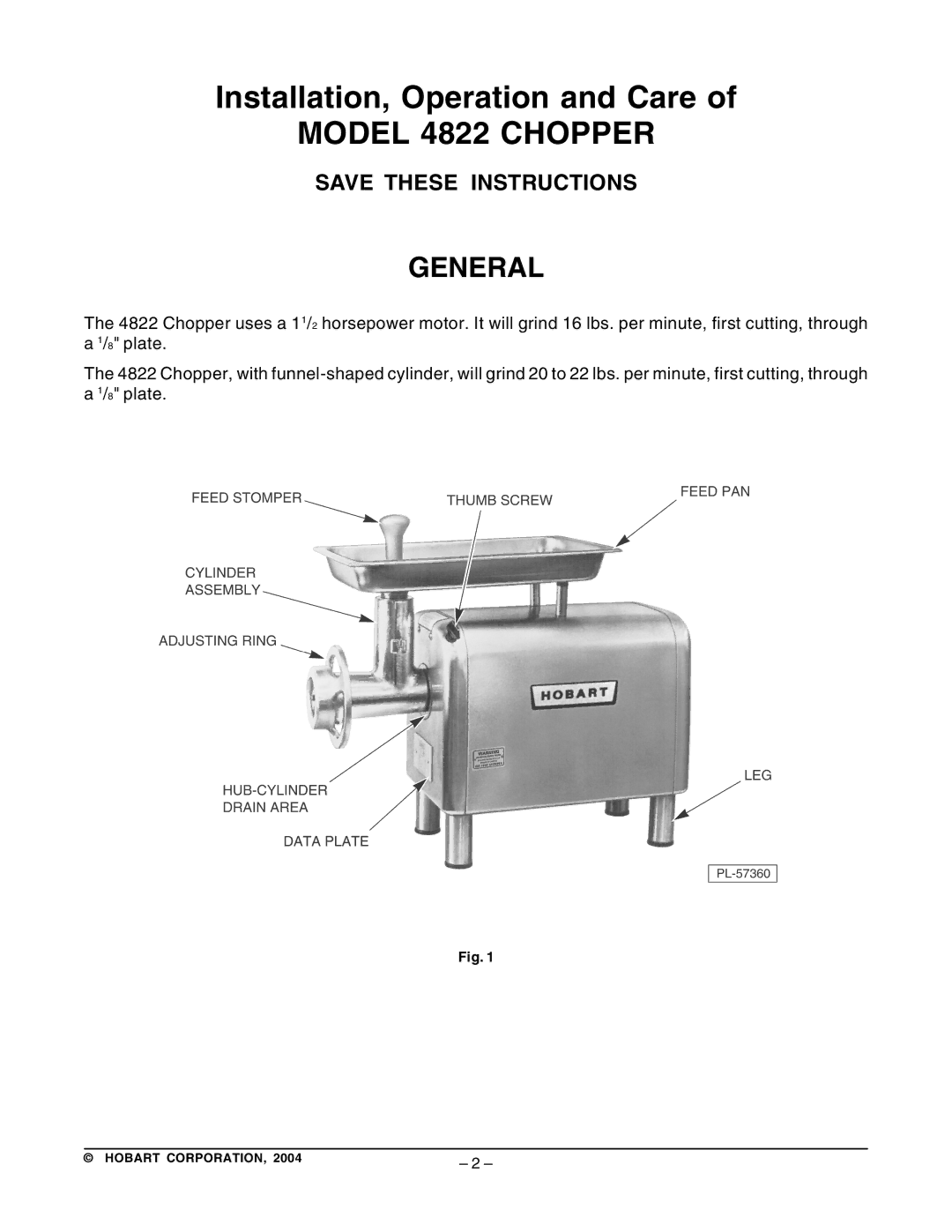 Hobart 4822 ML-136102, 4822 ML-136103 manual Model 4822 Chopper, General 