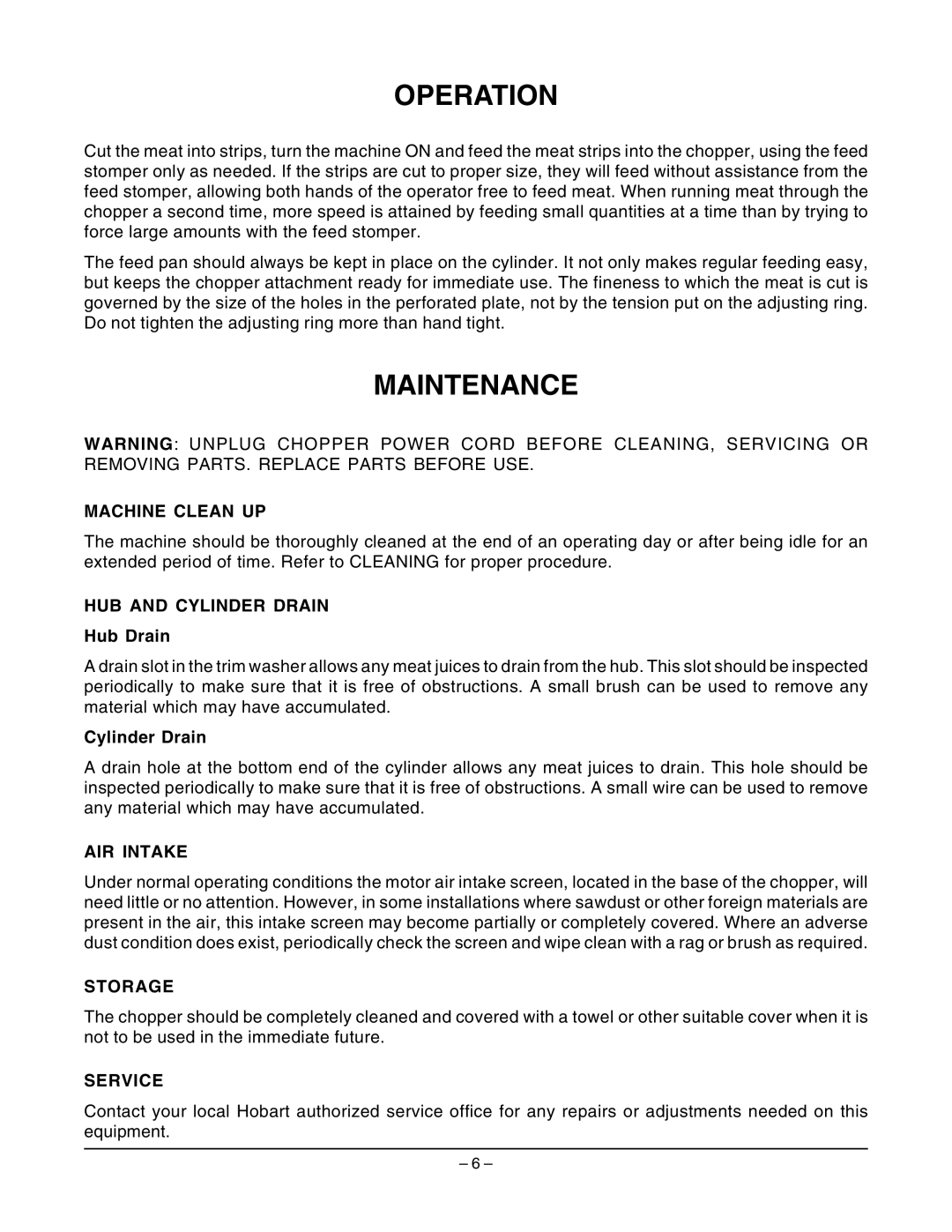 Hobart 4822 ML-136102, 4822 ML-136103 manual Operation, Maintenance 