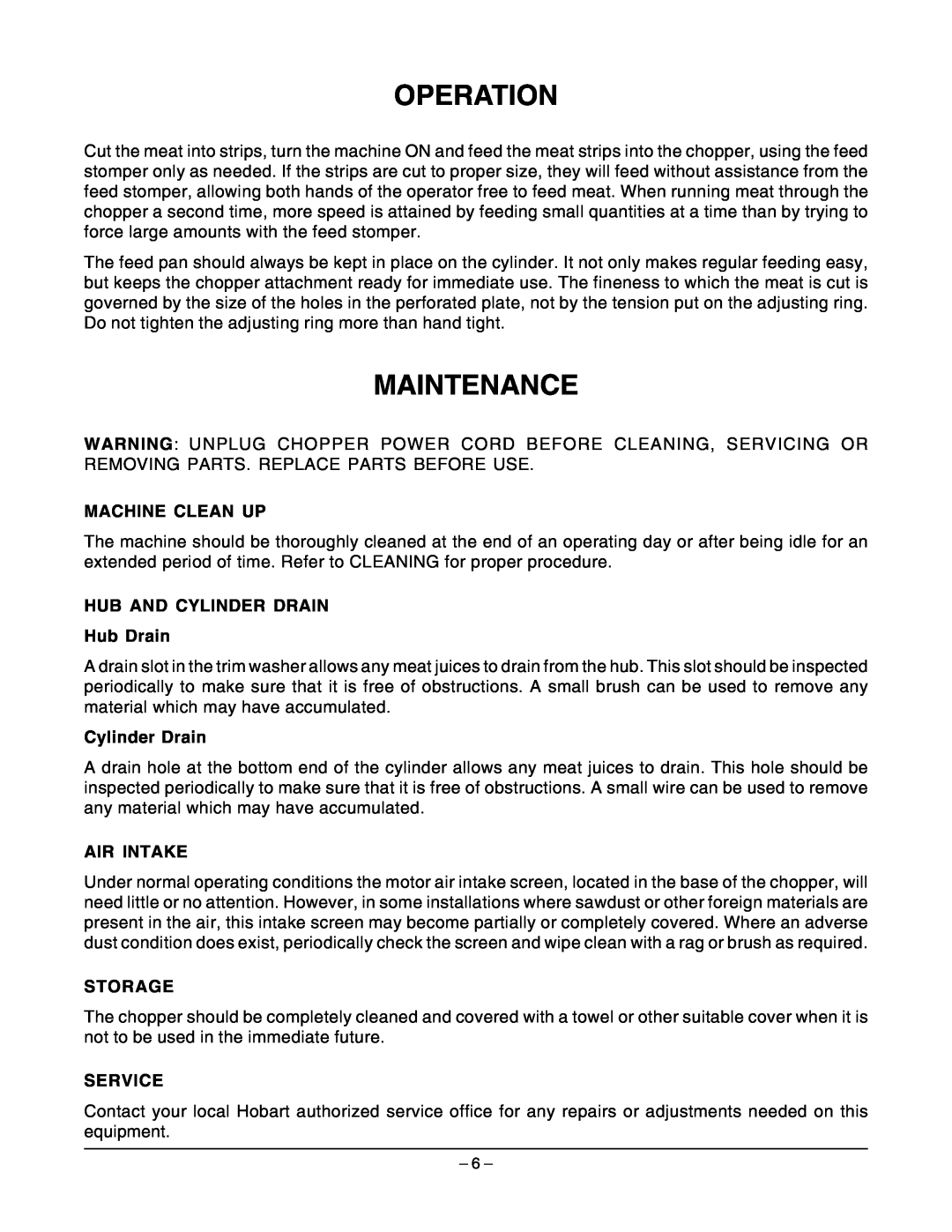 Hobart 4822 ML-136102 Operation, Maintenance, Machine Clean Up, HUB AND CYLINDER DRAIN Hub Drain, Cylinder Drain, Storage 