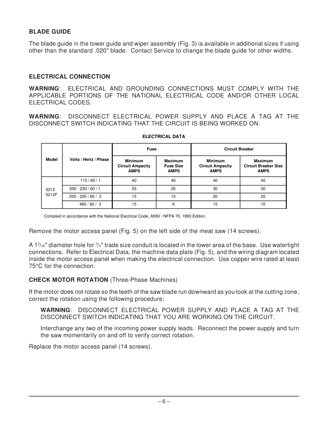 Hobart 5212F manual Blade Guide, Electrical Connection 