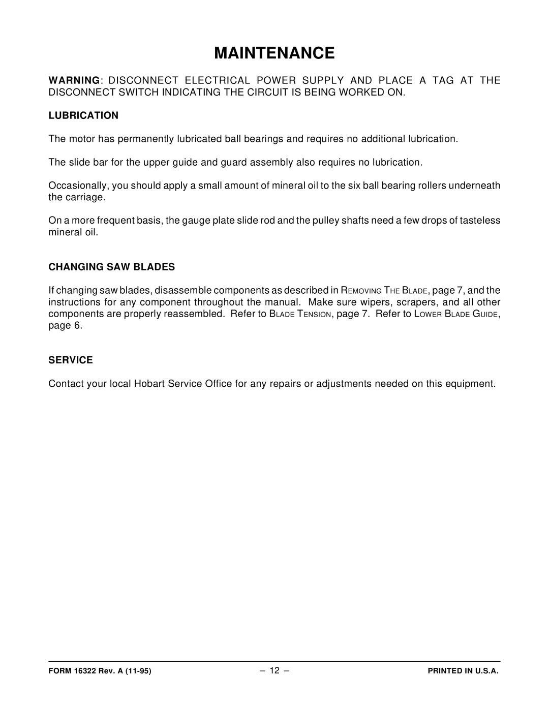 Hobart 5801 manual Maintenance, Lubrication, Changing SAW Blades, Service 