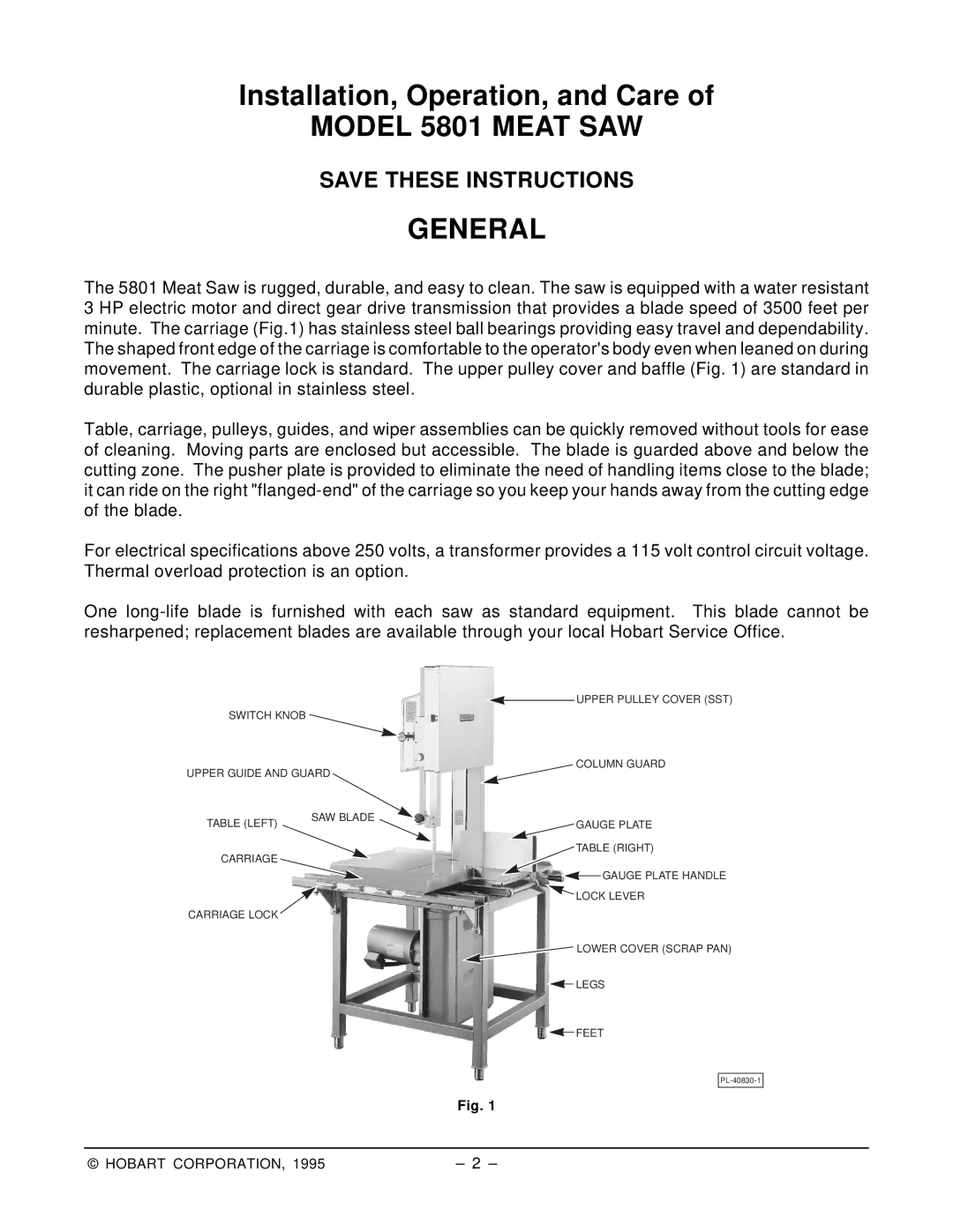 Hobart manual Model 5801 Meat SAW General 