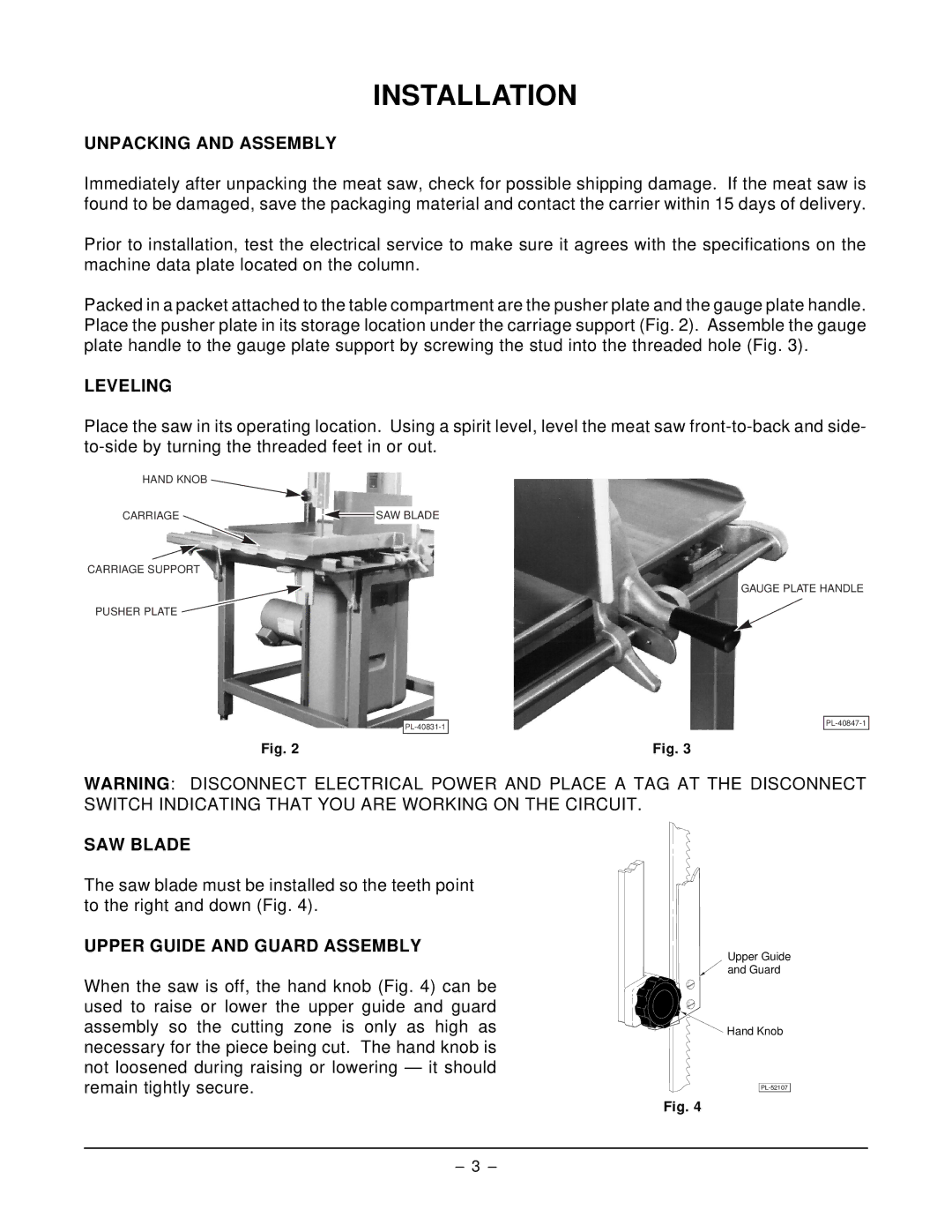 Hobart 5801 manual Installation, Unpacking and Assembly, Leveling, SAW Blade, Upper Guide and Guard Assembly 