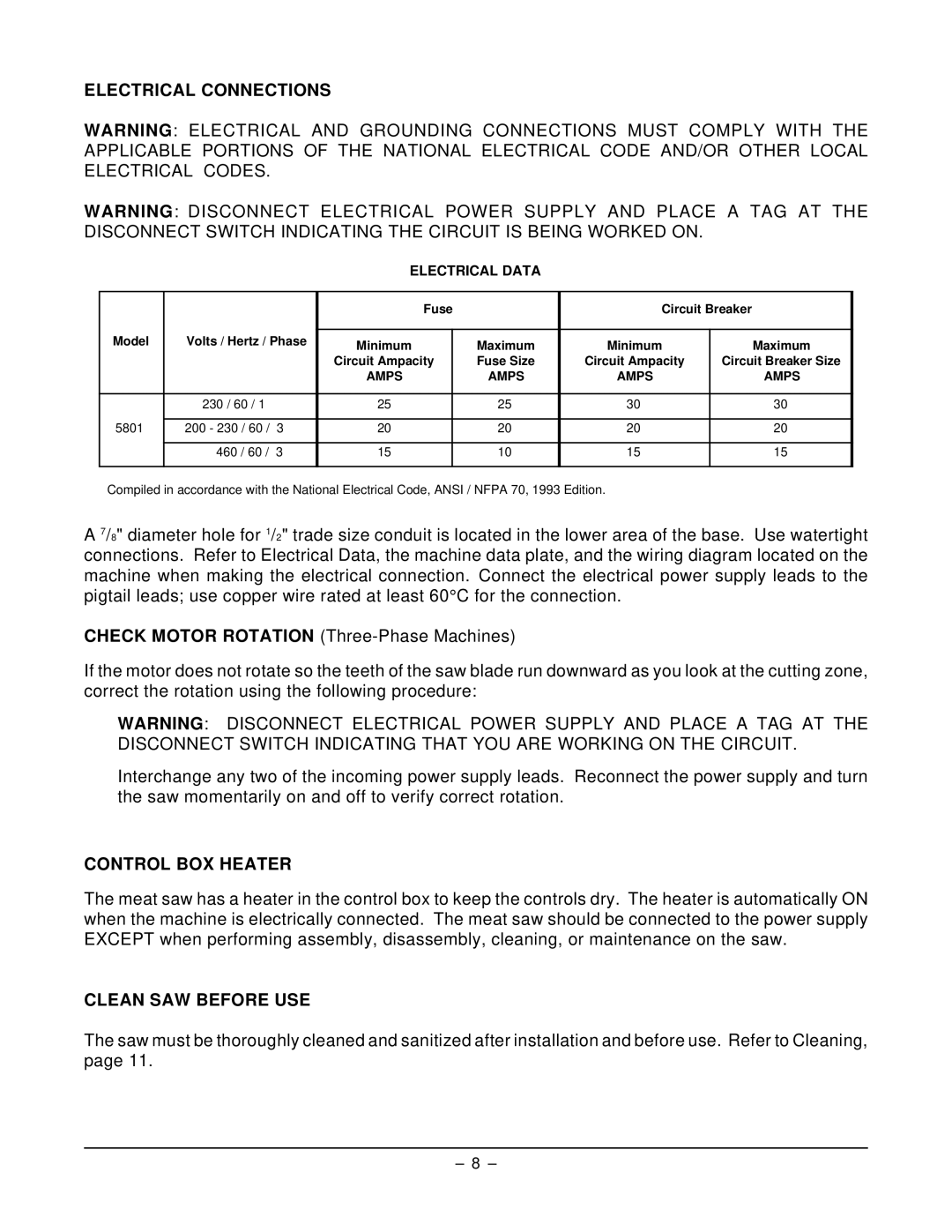 Hobart 5801 manual Electrical Connections, Control BOX Heater, Clean SAW Before USE 
