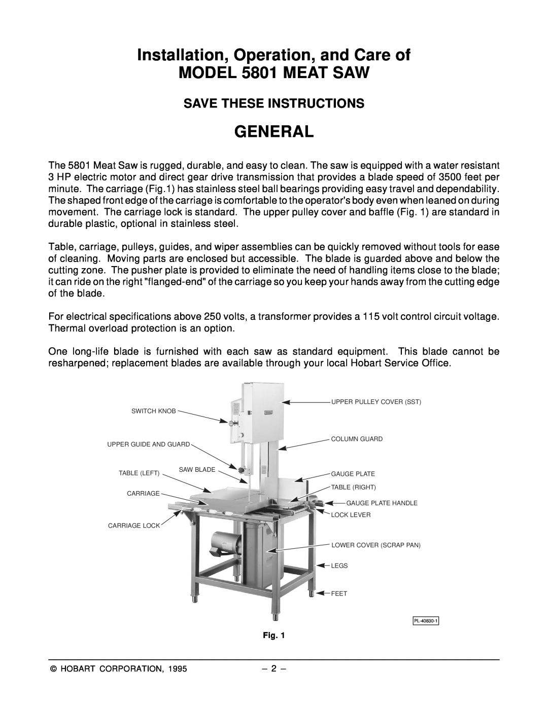 Hobart manual Installation, Operation, and Care of MODEL 5801 MEAT SAW, General, Save These Instructions 