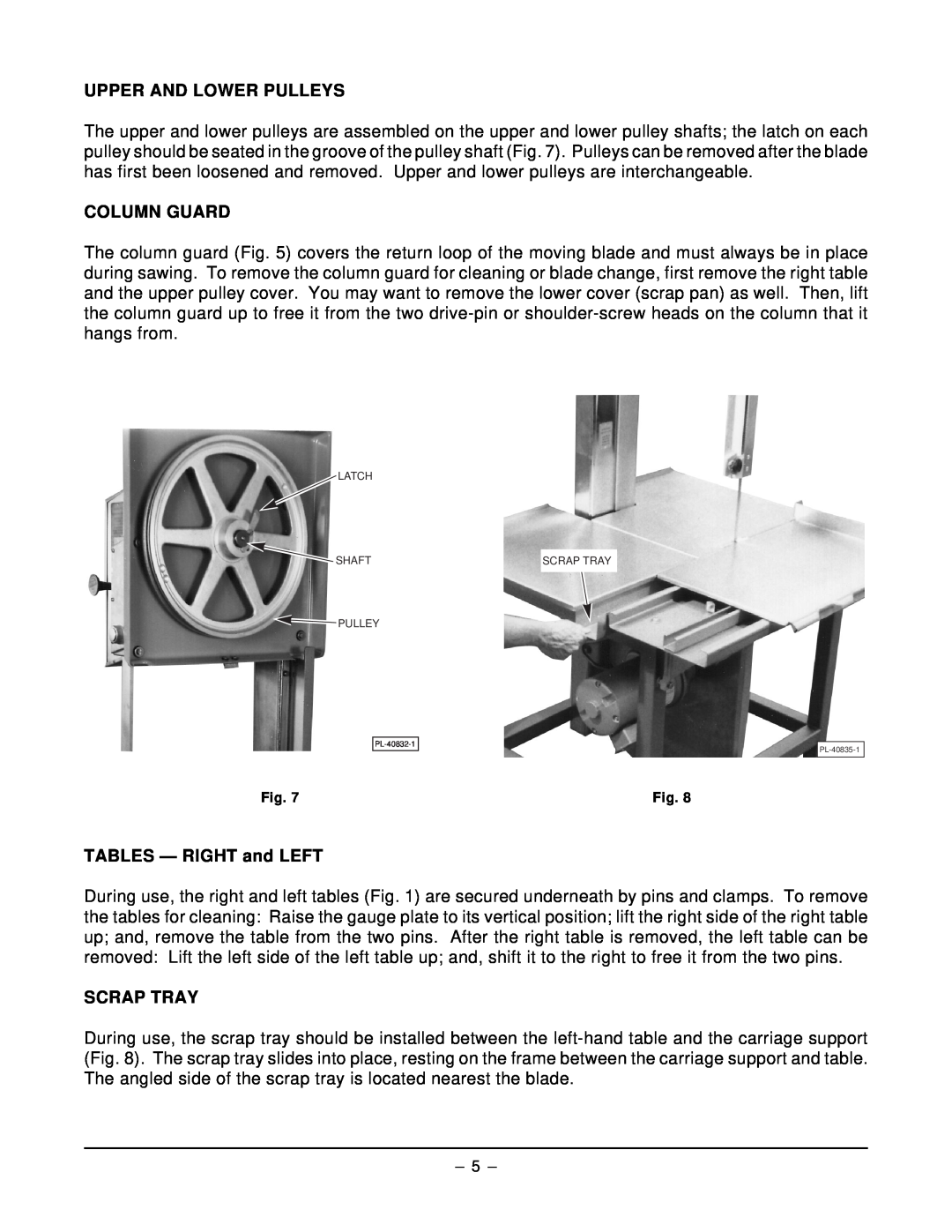 Hobart 5801 manual Upper And Lower Pulleys, Column Guard, TABLES - RIGHT and LEFT, Scrap Tray, Latch, Shaft 