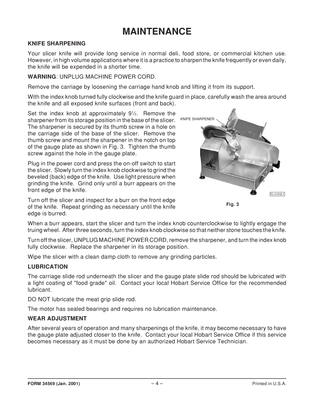 Hobart 610 manual Maintenance, Knife Sharpening, Lubrication, Wear Adjustment 