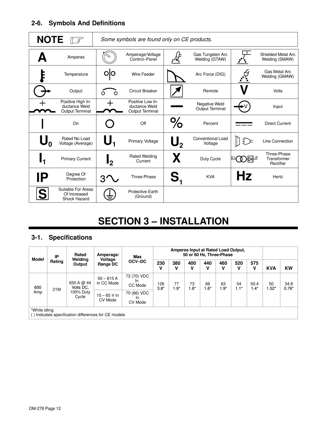 Hobart 652 manual Installation, Symbols And Definitions, Specifications, Rating 