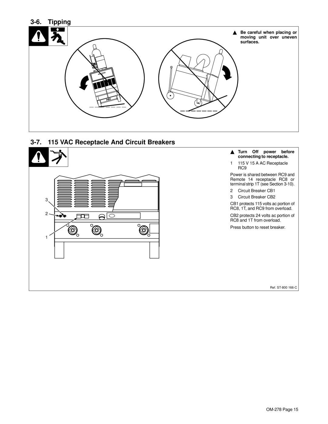 Hobart 652 manual Tipping, VAC Receptacle And Circuit Breakers, Be careful when placing or moving unit over uneven surfaces 