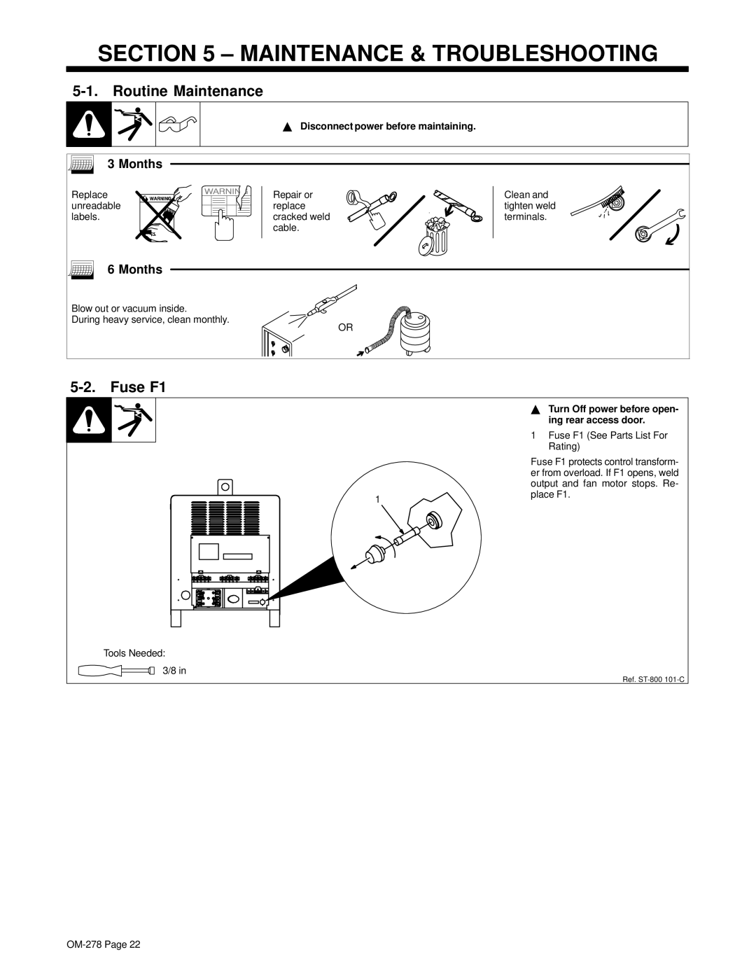 Hobart 652 manual Maintenance & Troubleshooting, Routine Maintenance, Fuse F1, Months 