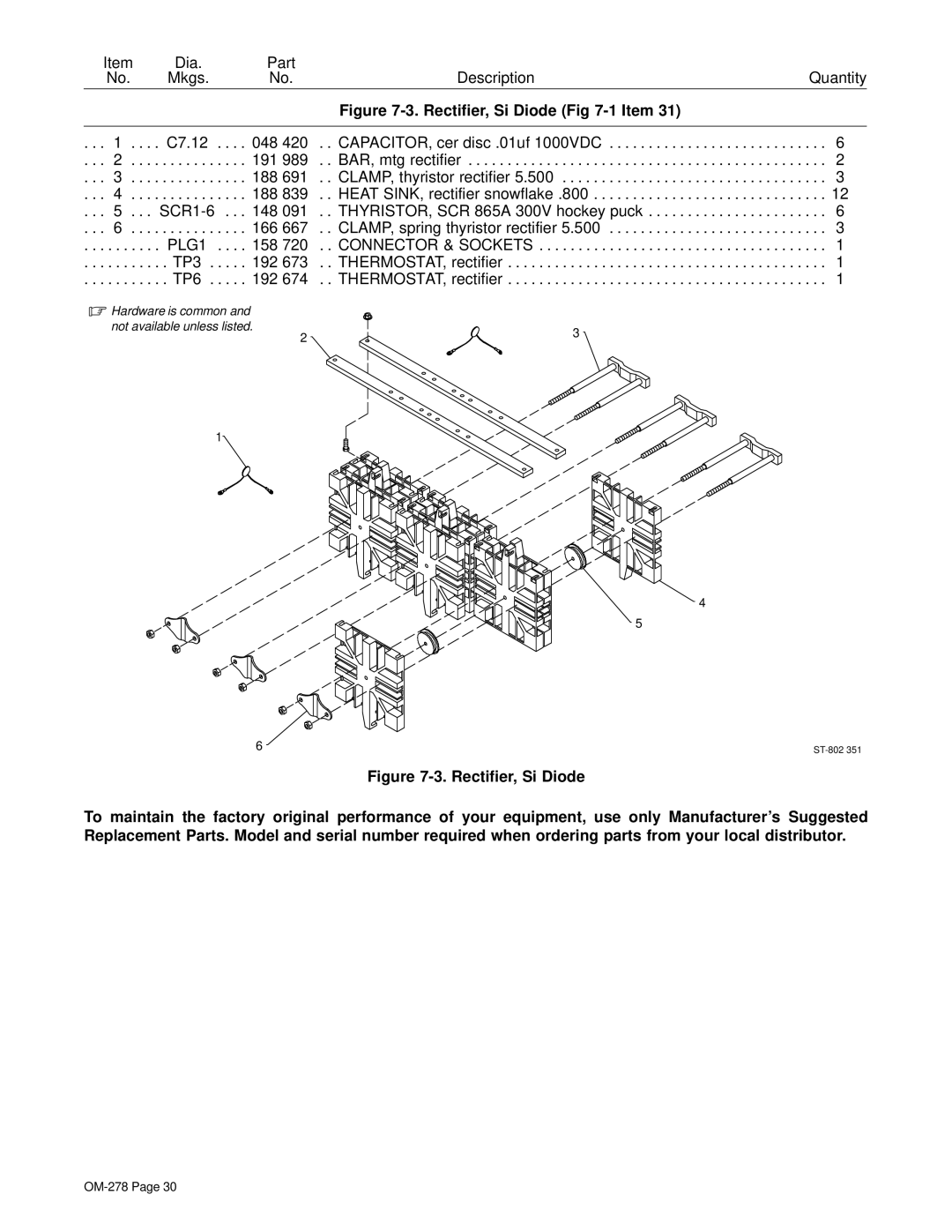 Hobart 652 manual Rectifier, Si Diode -1 Item 