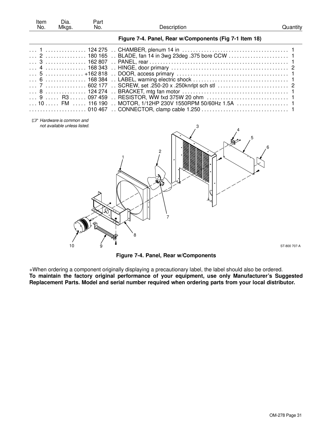 Hobart 652 manual Panel, Rear w/Components -1 Item 