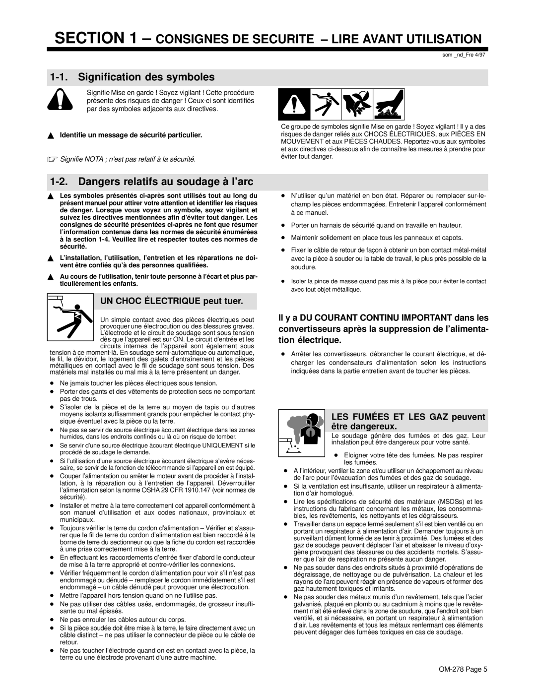 Hobart 652 manual Signification des symboles, UN Choc Électrique peut tuer, LES Fumées ET LES GAZ peuvent être dangereux 