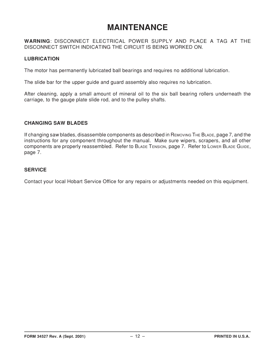 Hobart 6614 ML-134050, 6614 ML-134096 manual Maintenance, Lubrication, Changing SAW Blades, Service 