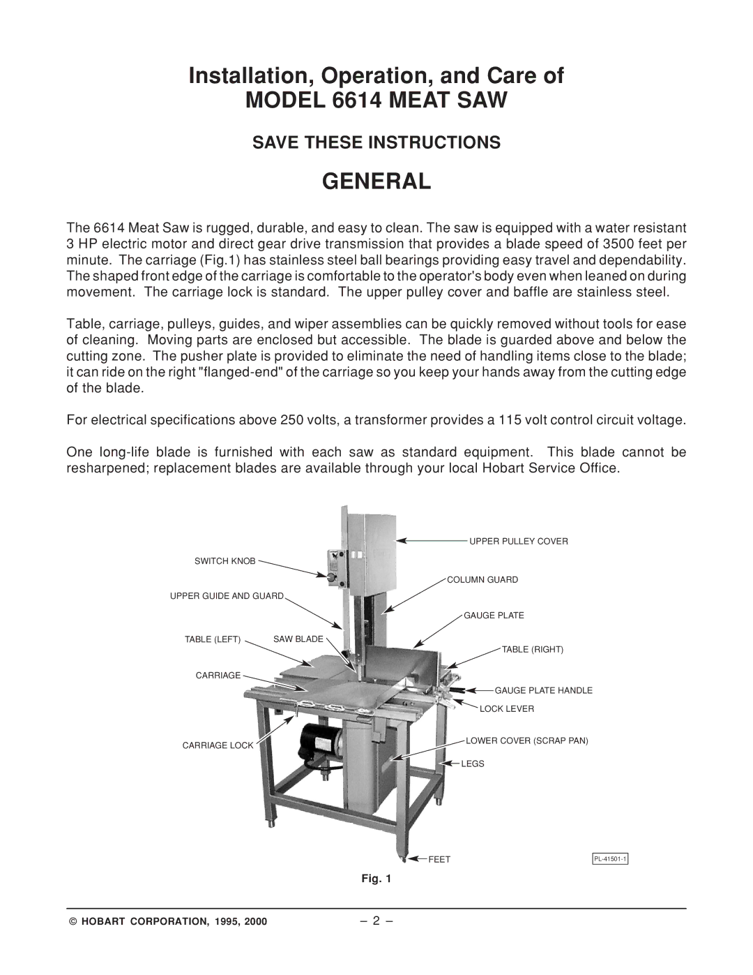 Hobart 6614 ML-134050, 6614 ML-134096 manual Model 6614 Meat SAW General 