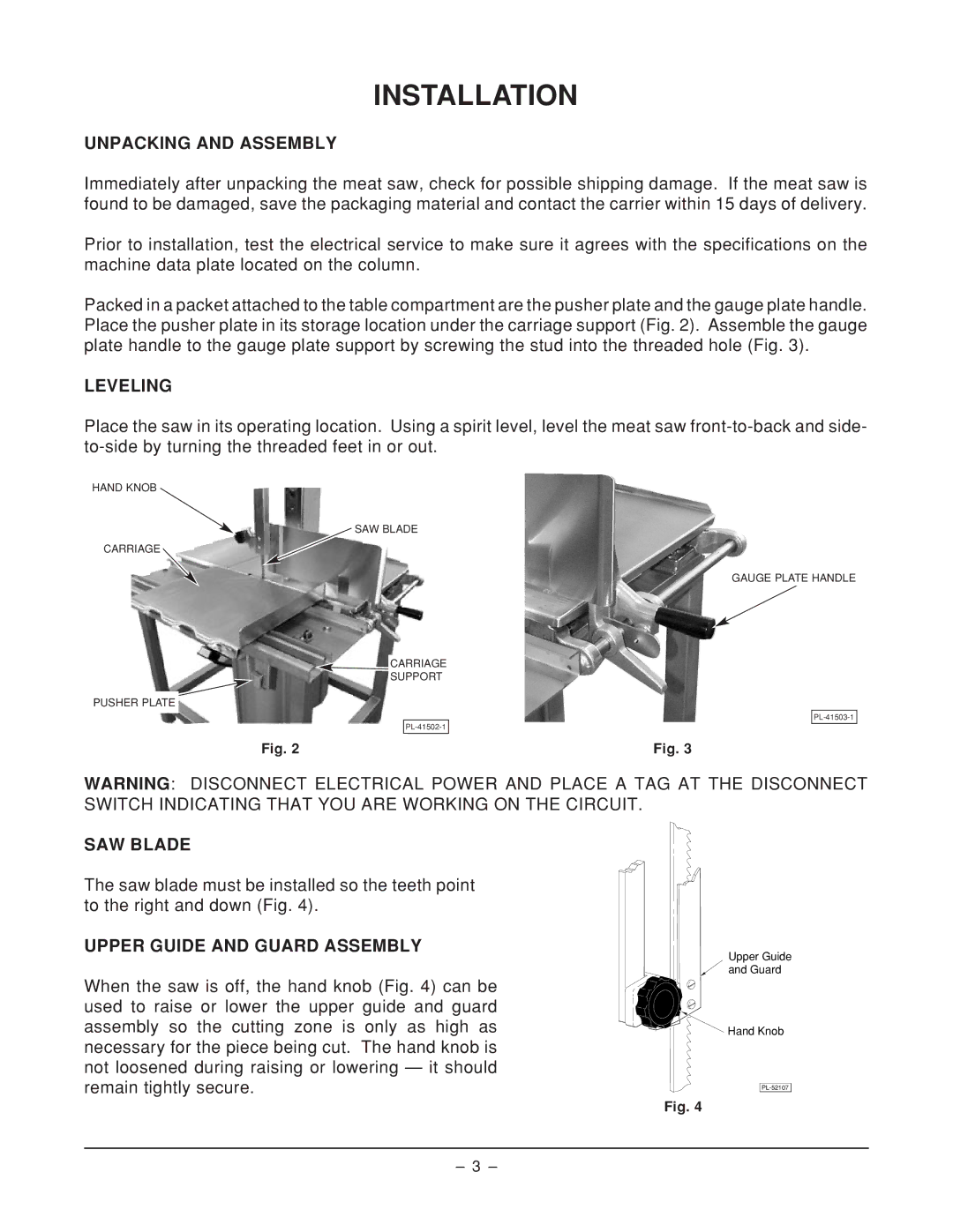 Hobart 6614 ML-134096 manual Installation, Unpacking and Assembly, Leveling, SAW Blade, Upper Guide and Guard Assembly 