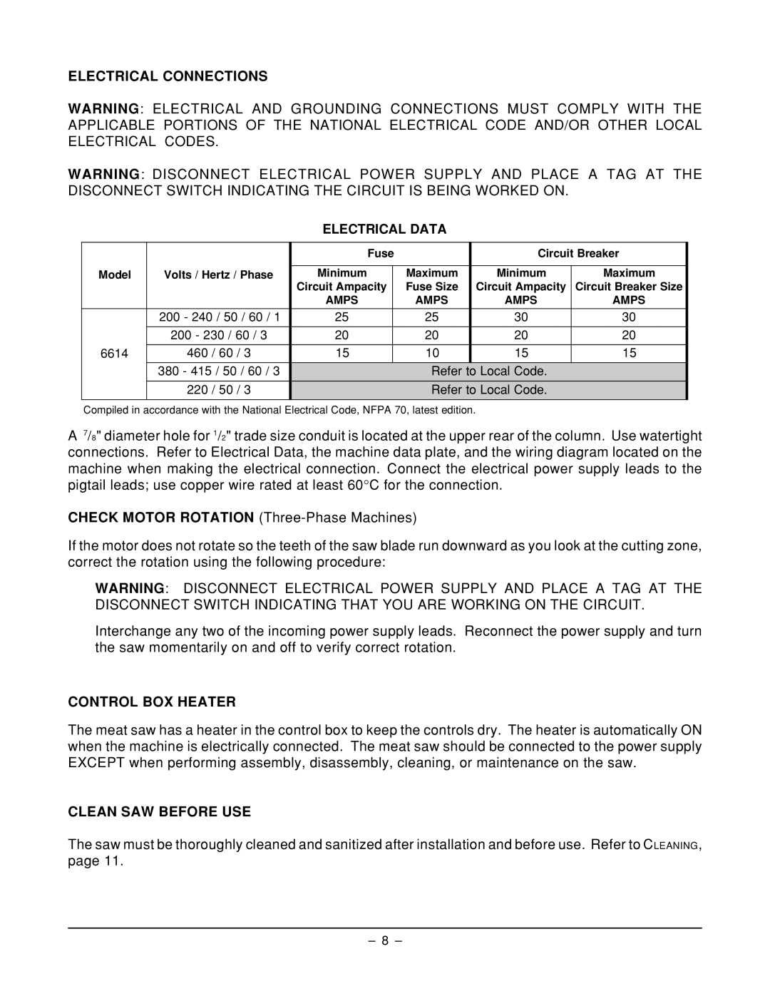 Hobart 6614 ML-134050, 6614 ML-134096 manual Electrical Connections, Control BOX Heater, Clean SAW Before USE 