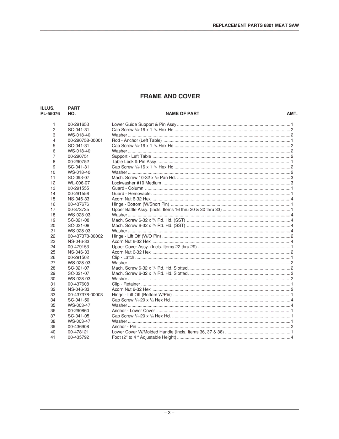 Hobart manual Replacement Parts 6801 Meat SAW 