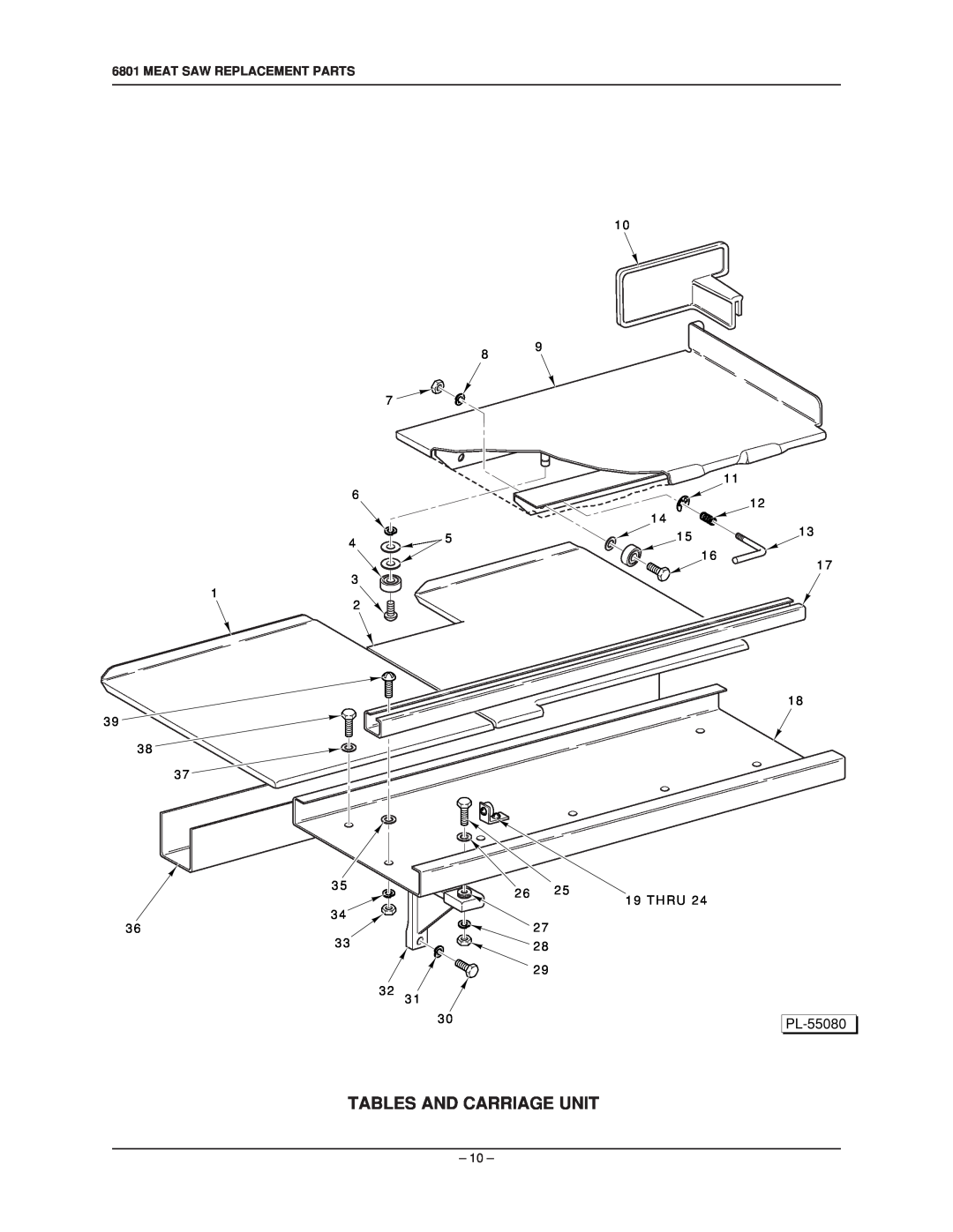 Hobart 6801 manual Tables And Carriage Unit, PL-55080, Meat Saw Replacement Parts 