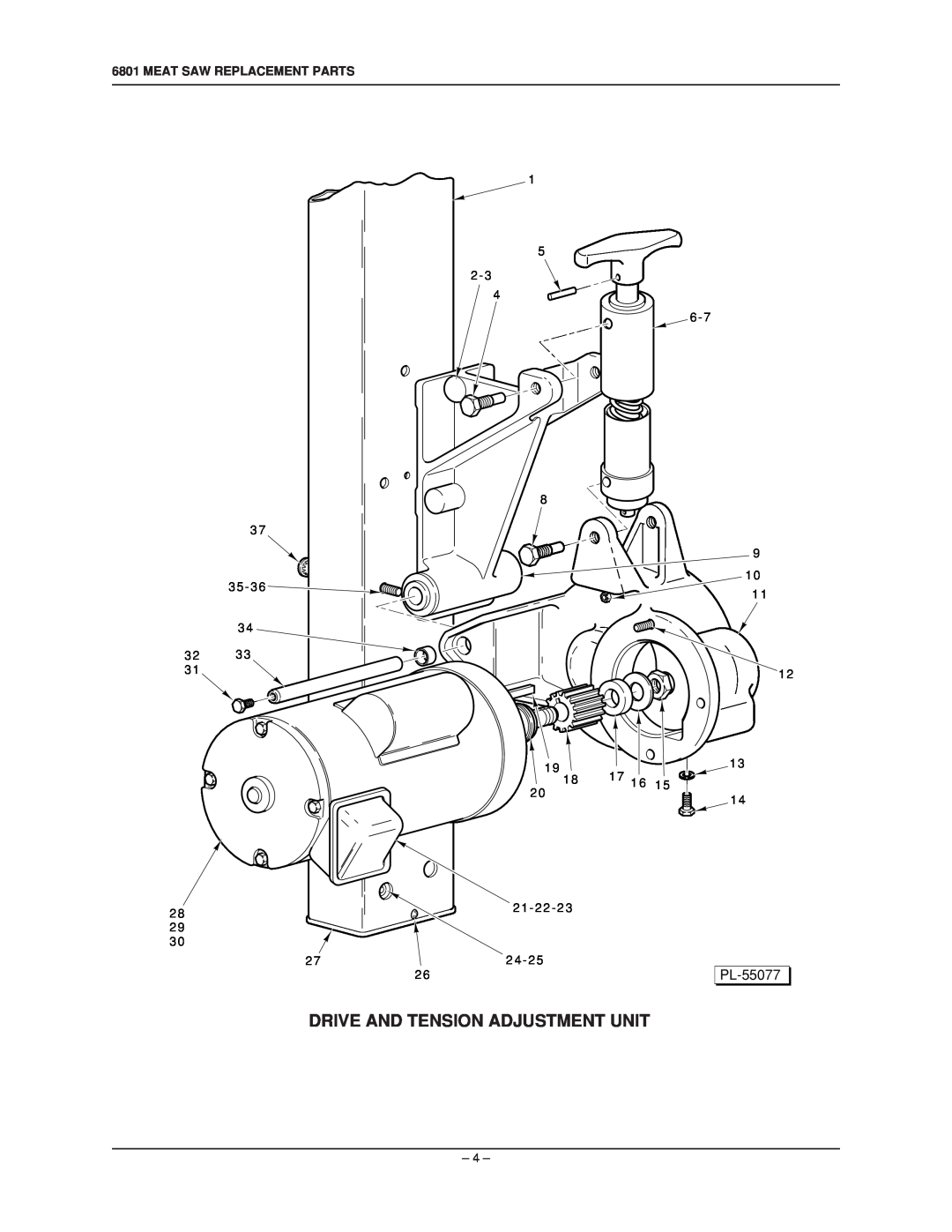 Hobart 6801 manual Drive And Tension Adjustment Unit, PL-55077, Meat Saw Replacement Parts 